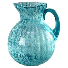 Aqua & Opalescent Splatterware Art Glass Juice Pitcher with Ruffled Rim 20thC