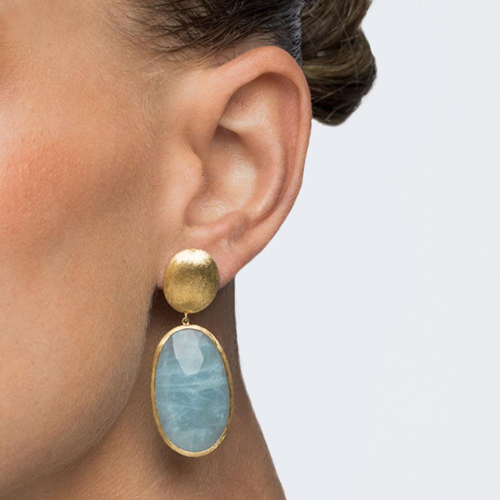 Oval Cut Yvel Aqua Oval Earrings in Satin Finish 18K Yellow Gold For Sale