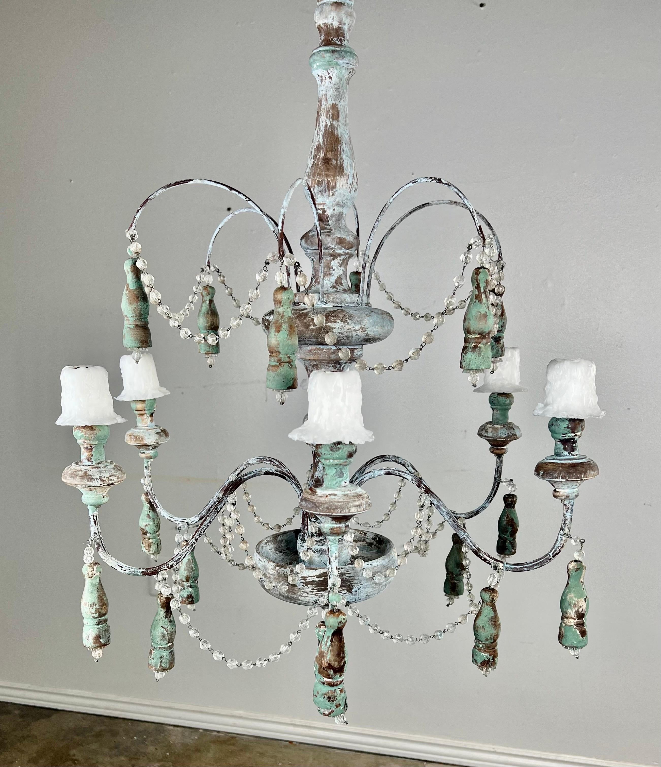 French Provincial  Aqua Painted Italian Six Light Chandelier by MLA For Sale