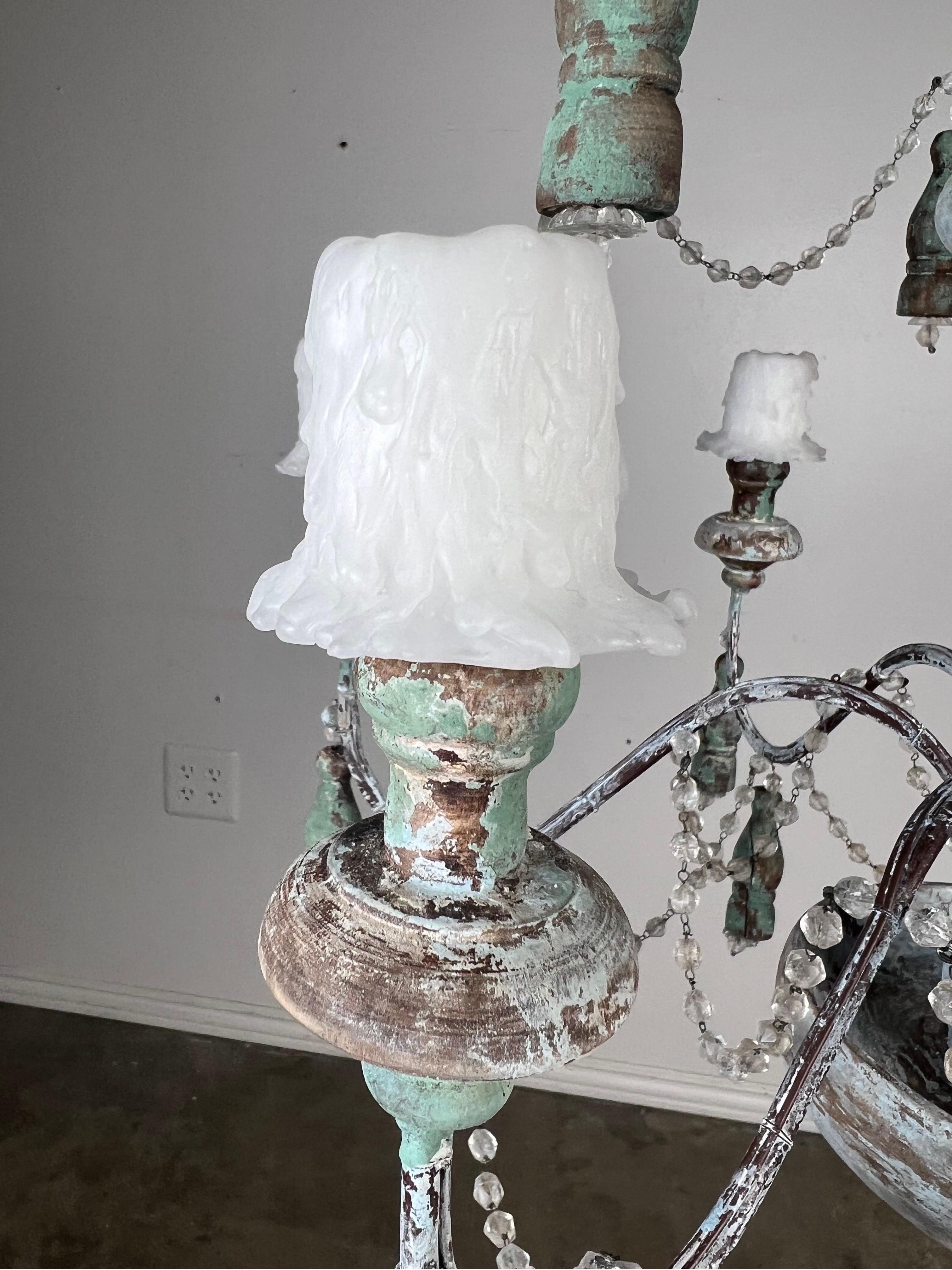  Aqua Painted Italian Six Light Chandelier by MLA In New Condition For Sale In Los Angeles, CA