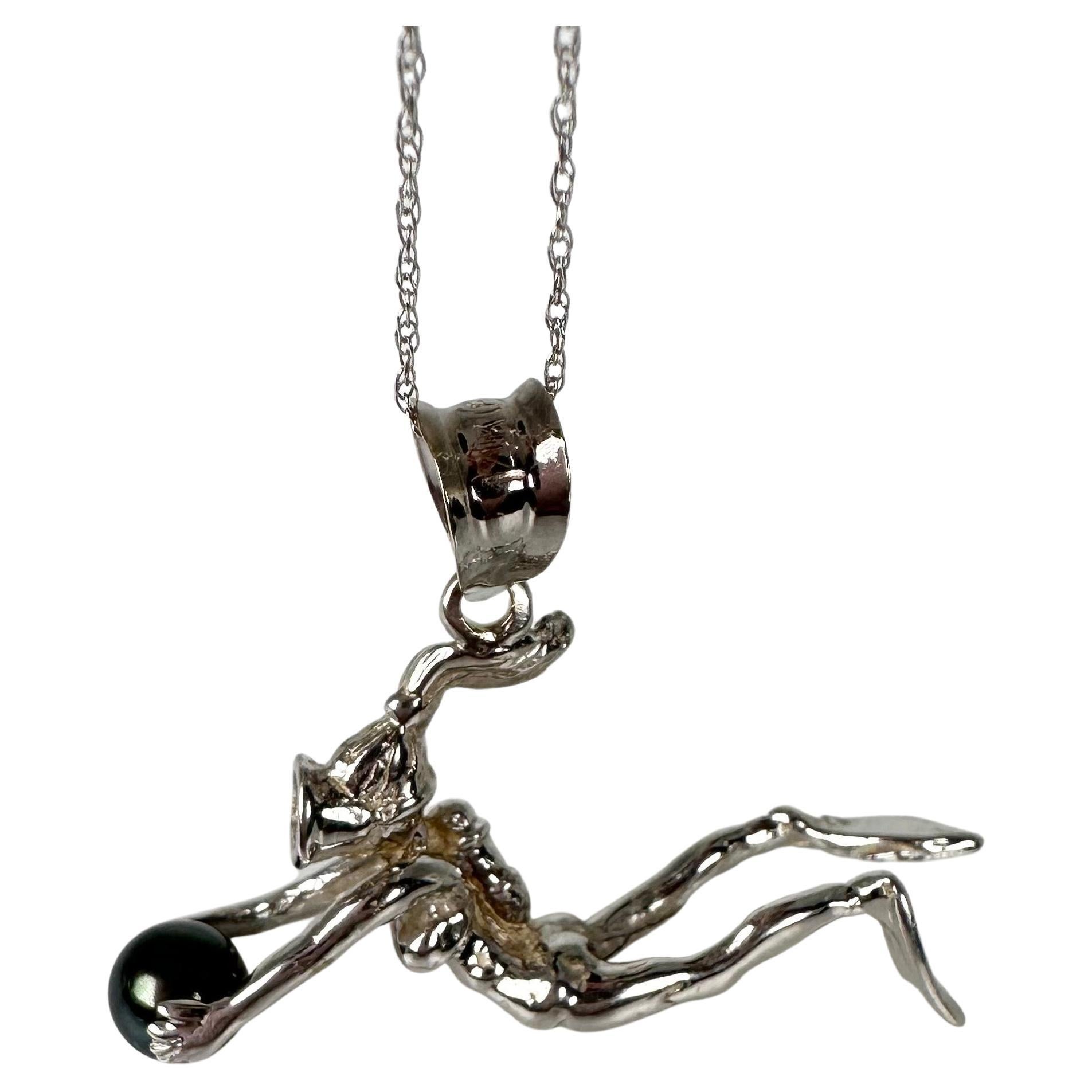 Aqua pendant necklace DIVER pendant necklace 14KT pearl necklace  For Sale