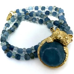 "Aqua Raccoon" Beaded 18" Aquamarine Necklace with 14 Karat Gold Bear Pendant