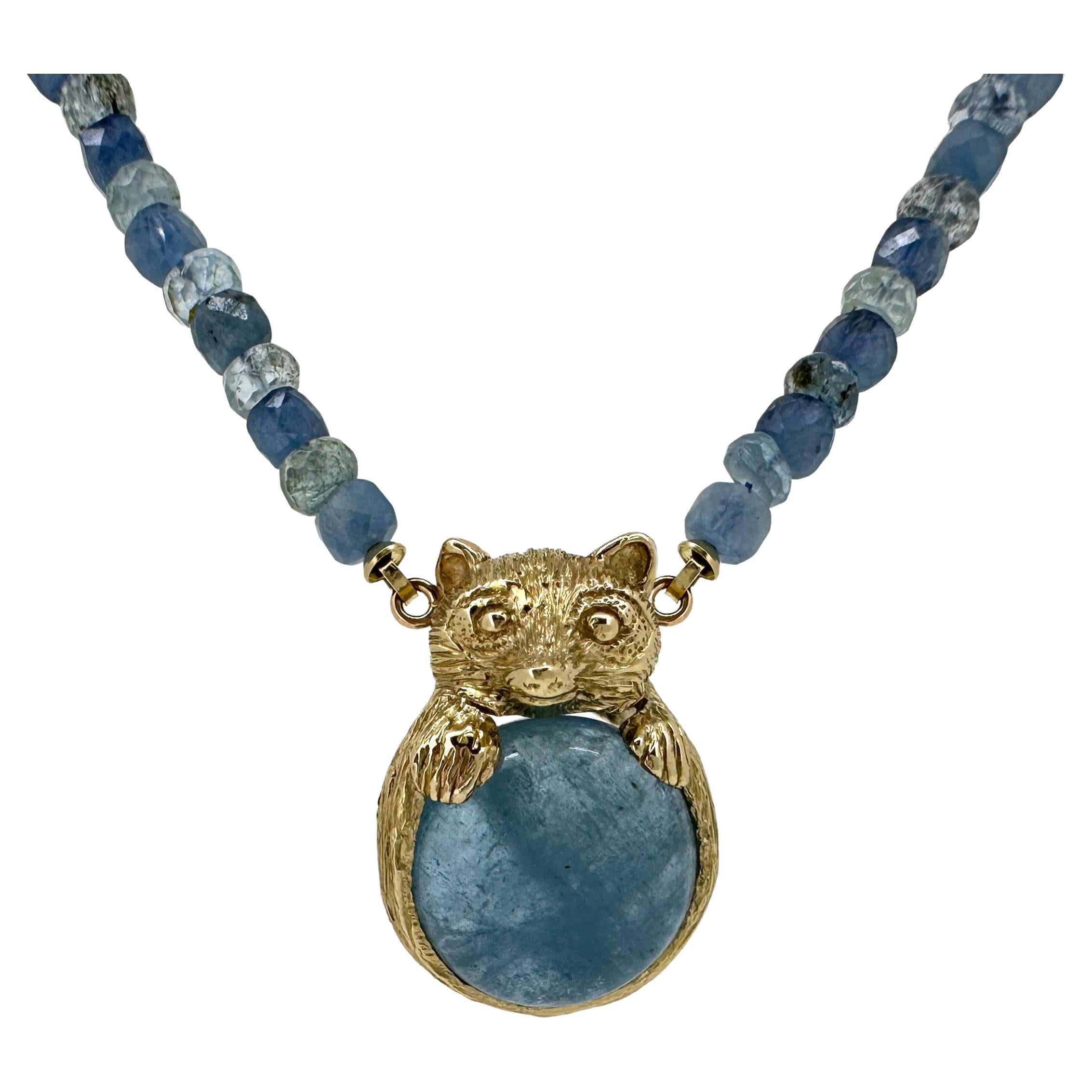 "Aqua Raccoon" Beaded 18" Aquamarine Necklace with 14 Karat Gold Bear Pendant