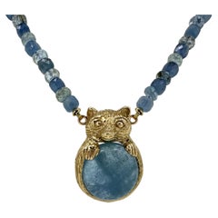 "Aqua Raccoon" Beaded 18" Aquamarine Necklace with 14 Karat Gold Bear Pendant