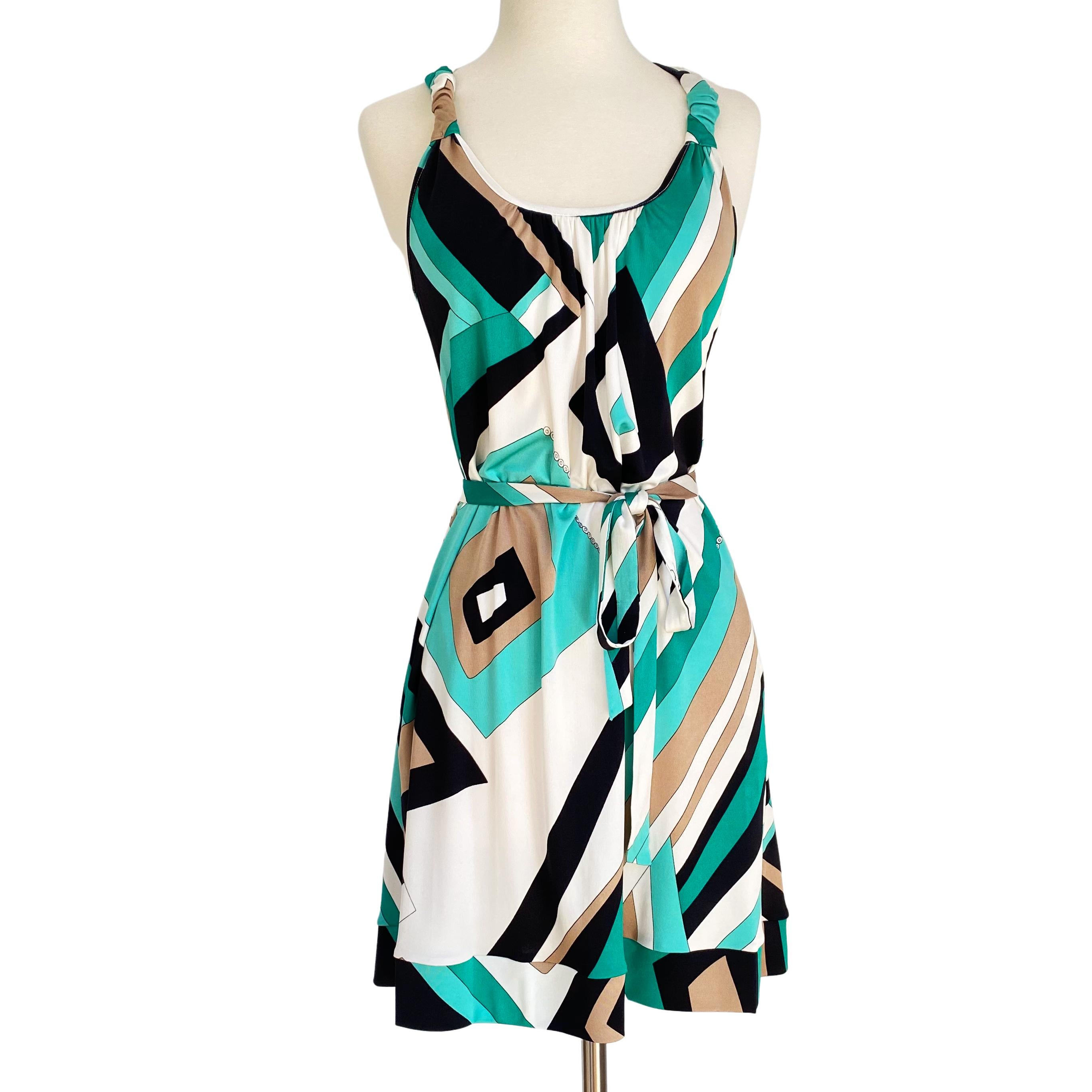 Black Aqua Sand Geo Print Flora Kung Silk Halter Dress with Pockets NWT For Sale