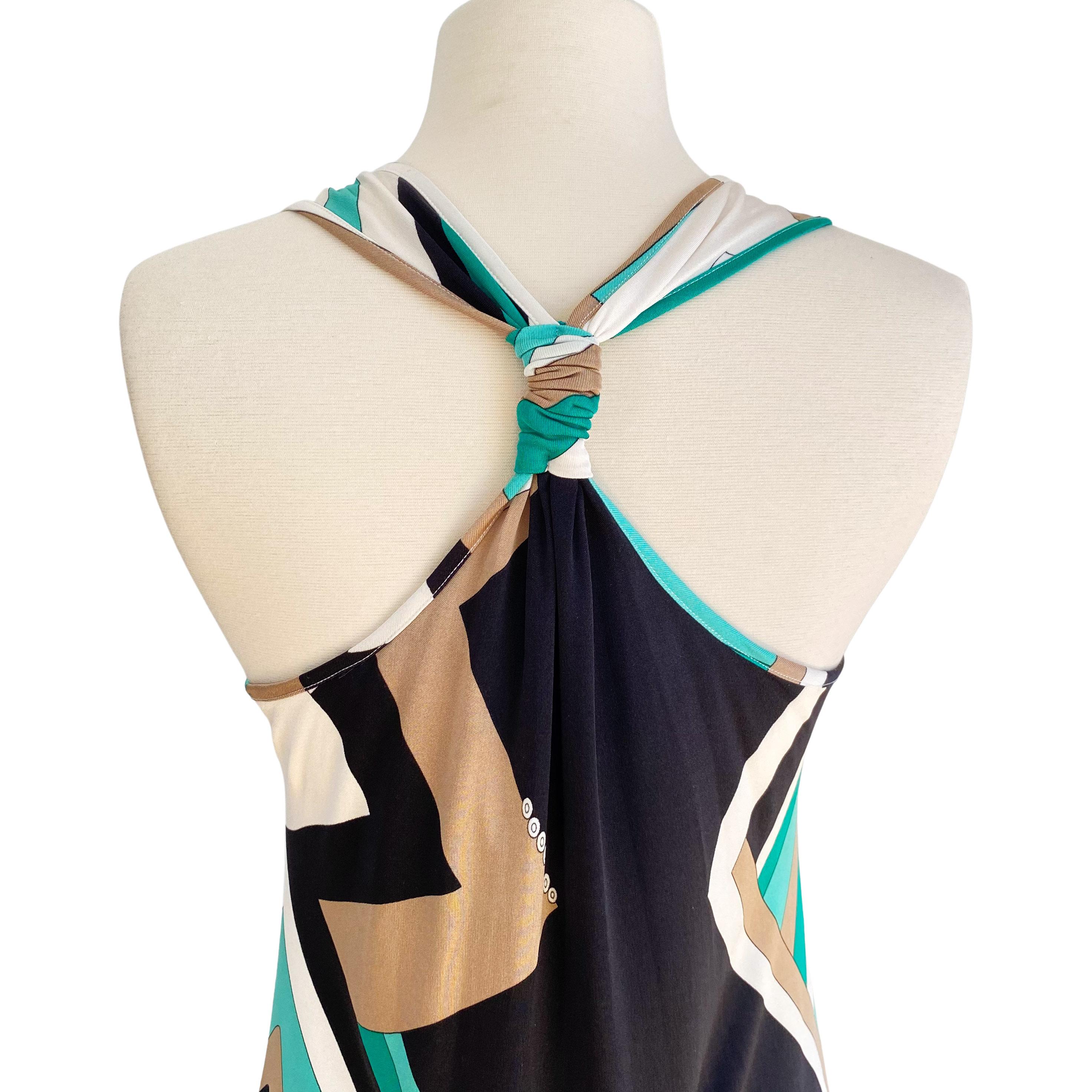 Women's Aqua Sand Geo Print Flora Kung Silk Halter Dress with Pockets NWT For Sale