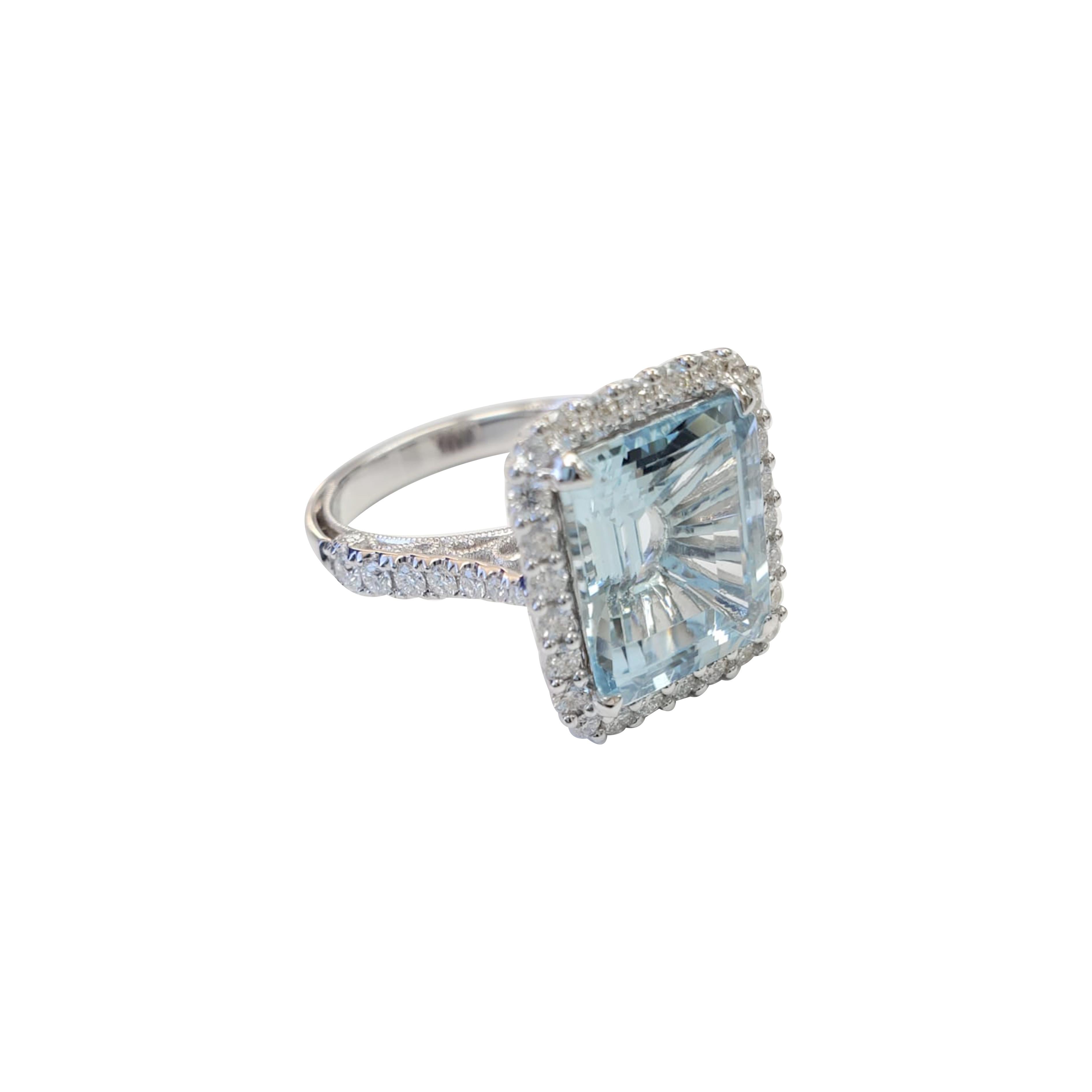 Aqua Stone, Emerald Cut with White Gold and Diamond Ring, 17694 In New Condition In Great Neck, NY