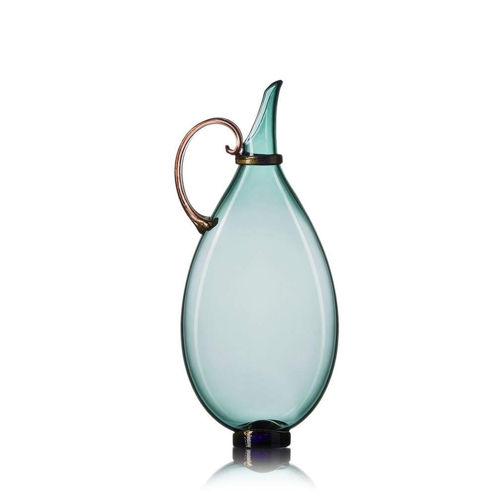 Modern Aqua, Straw, Tea Set of 3 Hand Blown Glass Pitcher Vases by Vetro Vero For Sale