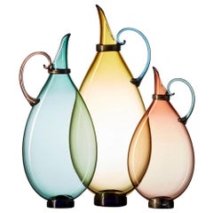 Aqua, Straw, Tea Set of 3 Hand Blown Glass Pitcher Vases by Vetro Vero