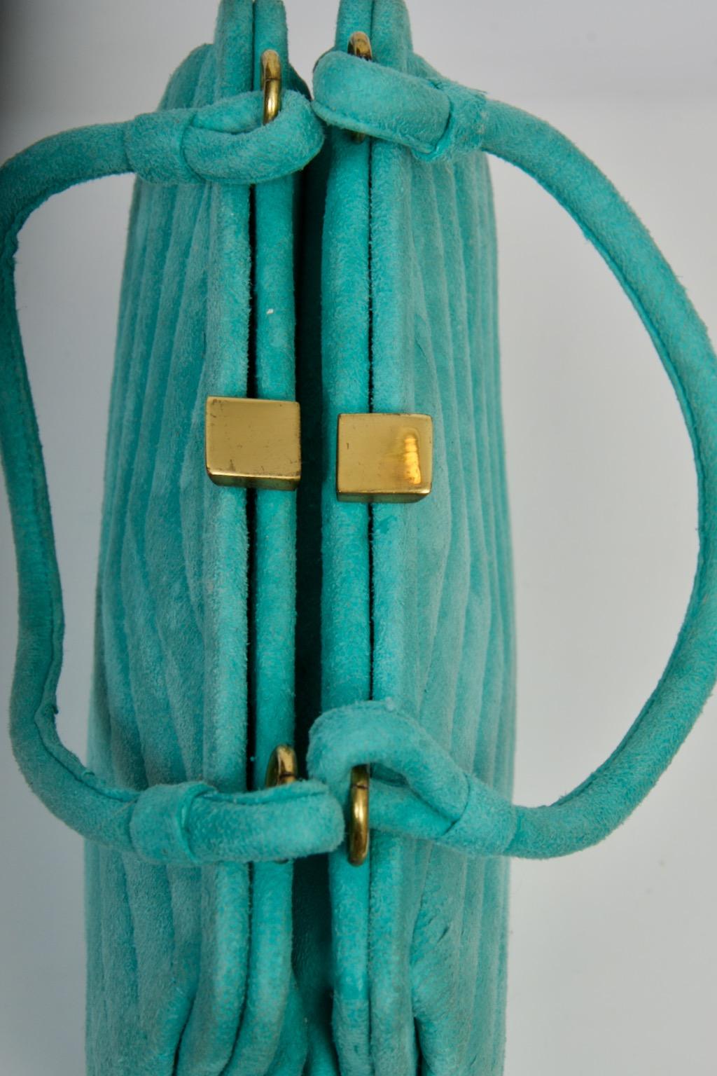 Aqua Suede 1960s Double Pouch Handbag In Good Condition For Sale In Alford, MA