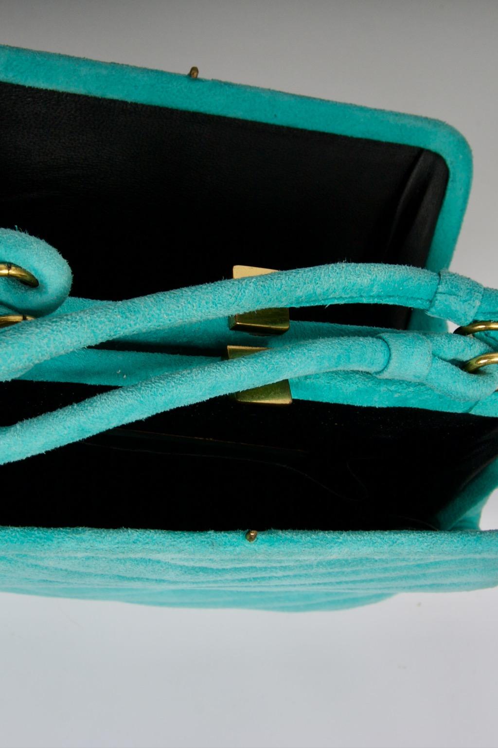 Aqua Suede 1960s Double Pouch Handbag For Sale 1