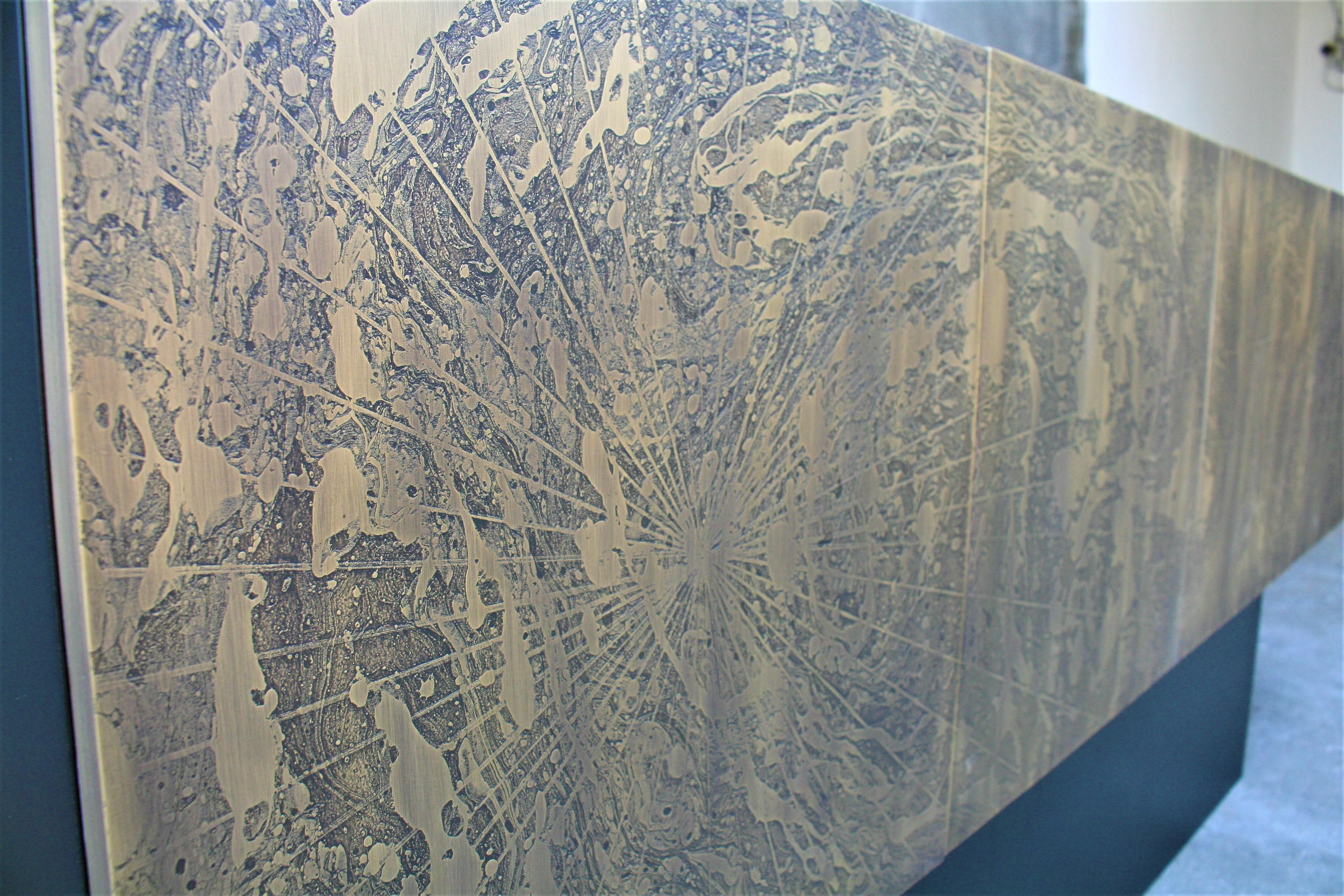 Brutalist Aqua Sun art sideboard in Acid Etched Brass by Studio Belgali For Sale