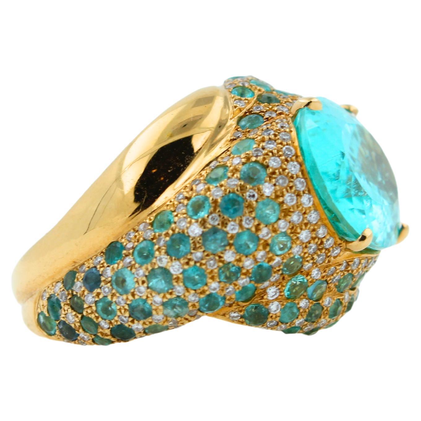 Aqua Teal Blue Oval Shape Paraiba Tourmaline Diamond Pave 18k Yellow Gold Ring For Sale 4