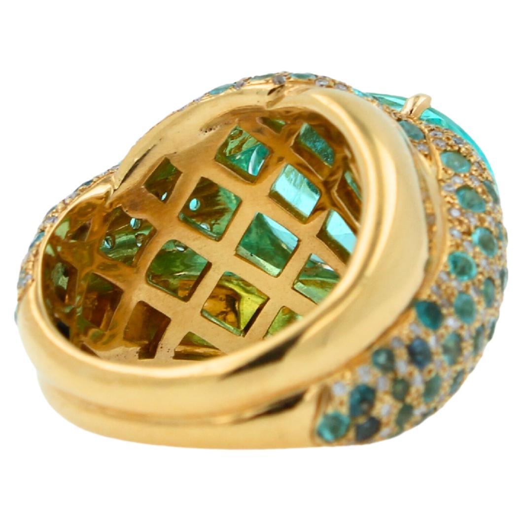 Aqua Teal Blue Oval Shape Paraiba Tourmaline Diamond Pave 18k Yellow Gold Ring For Sale 5