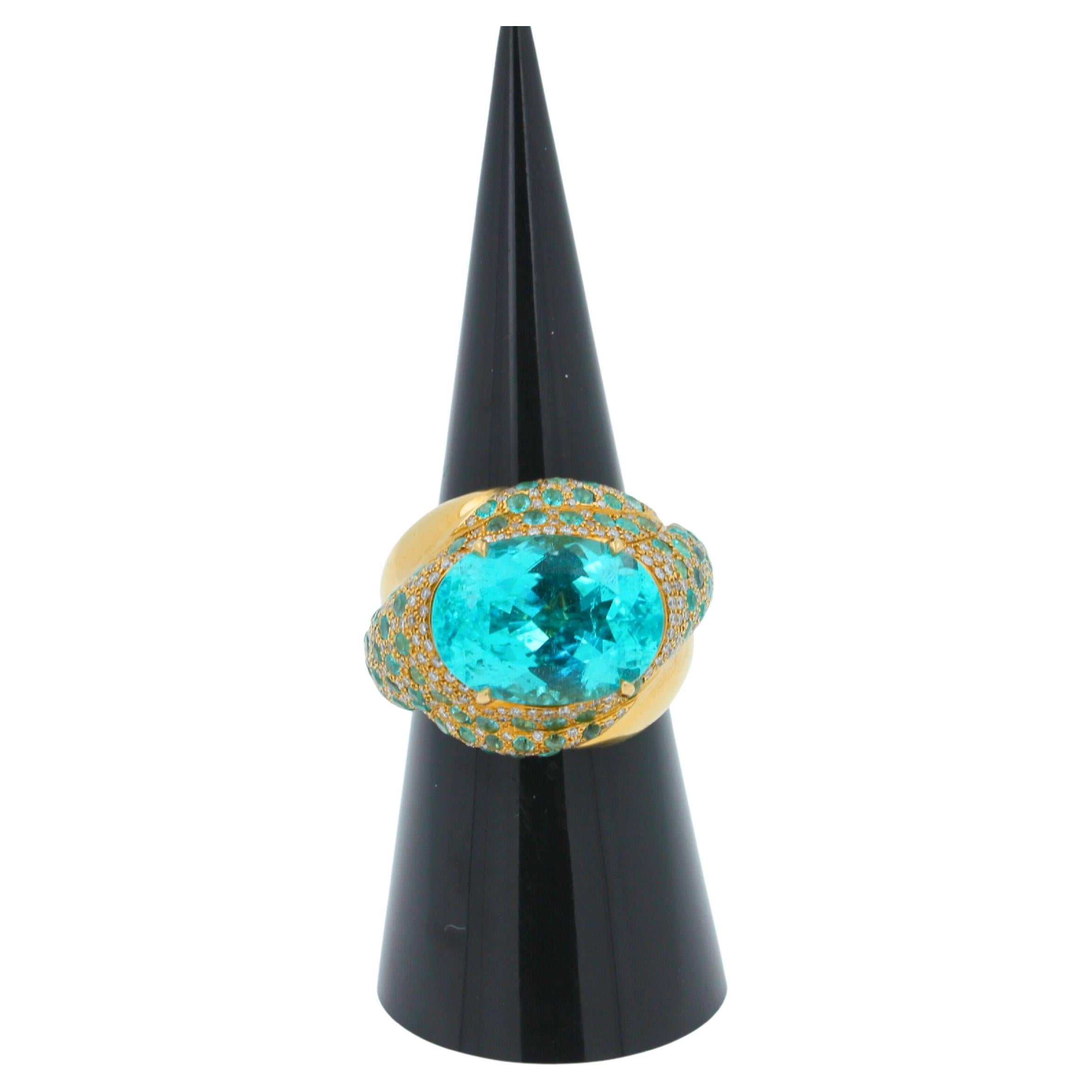 Aqua Teal Blue Oval Shape Paraiba Tourmaline Diamond Pave 18k Yellow Gold Ring For Sale 6