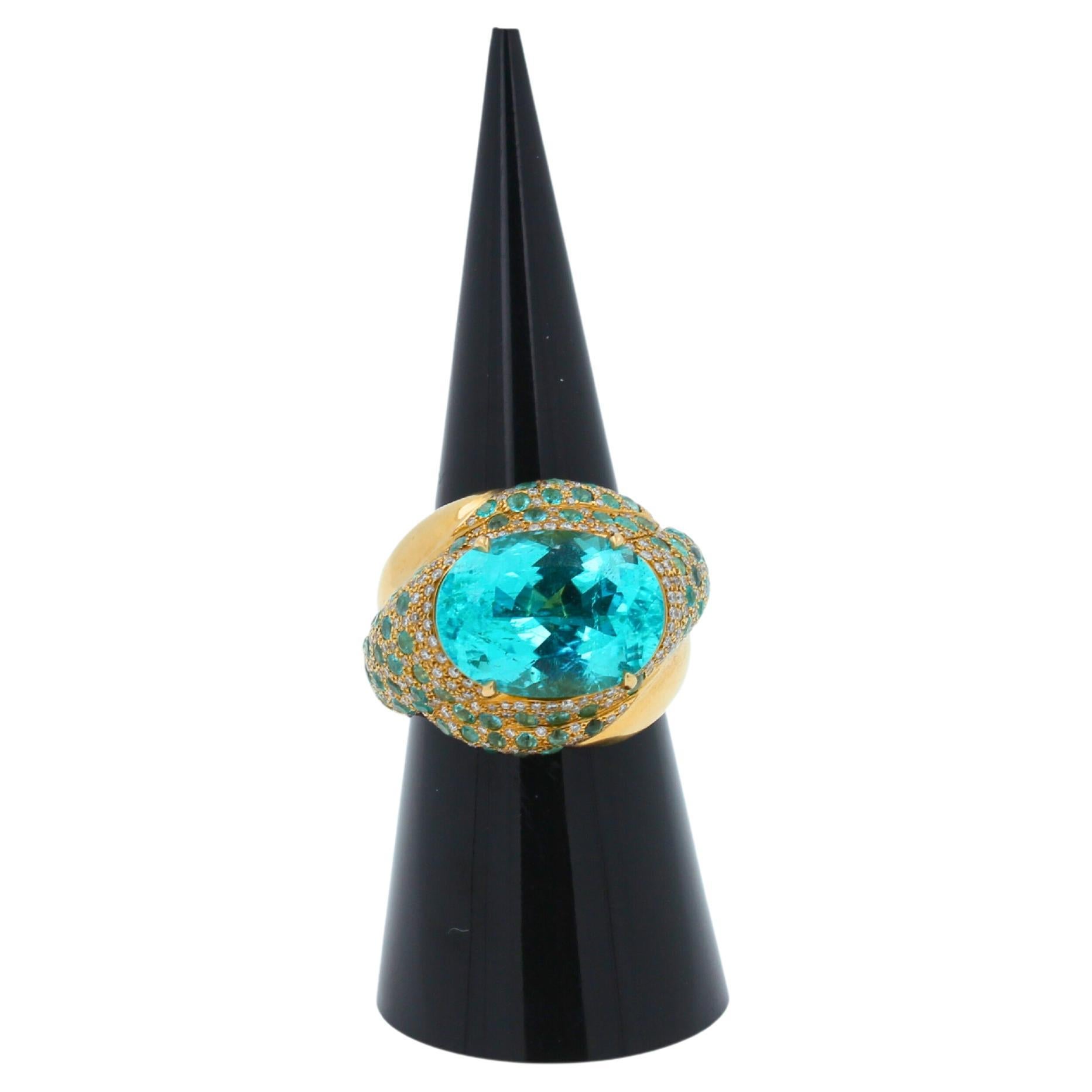 Aqua Teal Blue Oval Shape Paraiba Tourmaline Diamond Pave 18k Yellow Gold Ring For Sale 7
