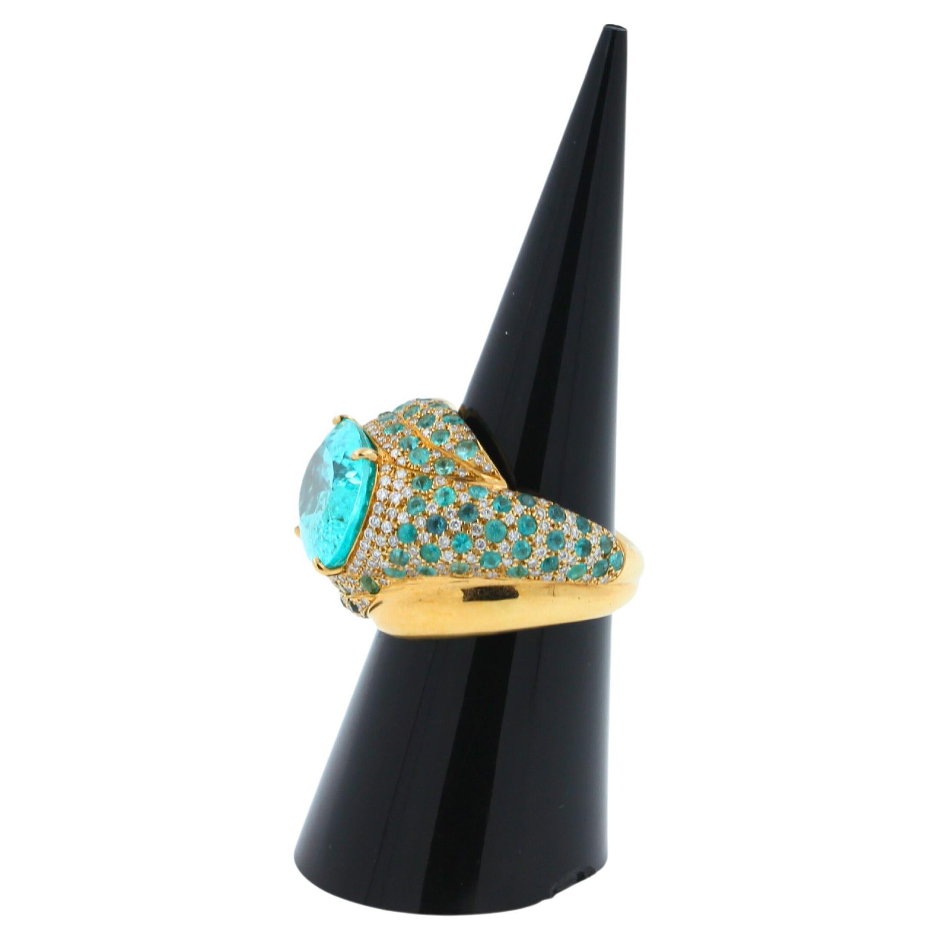 Aqua Teal Blue Oval Shape Paraiba Tourmaline Diamond Pave 18k Yellow Gold Ring For Sale 9
