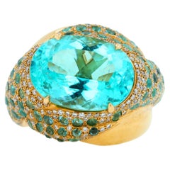 Aqua Teal Blue Oval Shape Paraiba Tourmaline Diamond Pave 18k Yellow Gold Ring