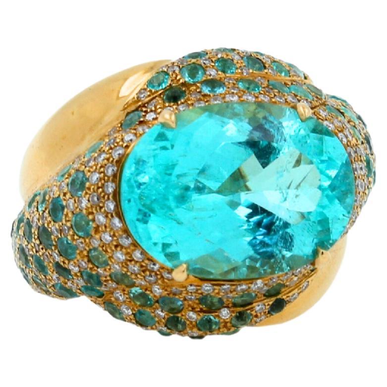 Art Deco Aqua Teal Blue Oval Shape Paraiba Tourmaline Diamond Pave 18k Yellow Gold Ring For Sale