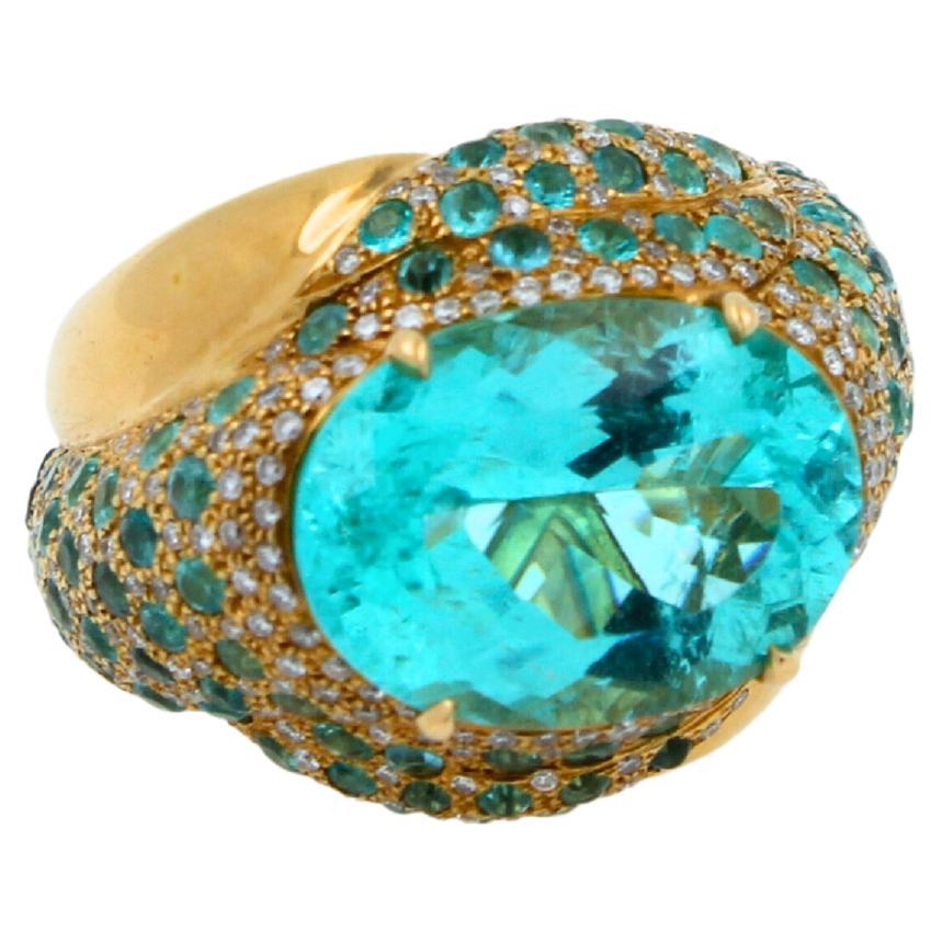 Oval Cut Aqua Teal Blue Oval Shape Paraiba Tourmaline Diamond Pave 18k Yellow Gold Ring For Sale