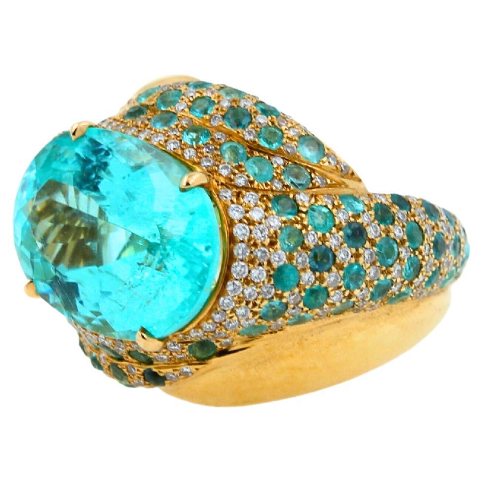 Women's or Men's Aqua Teal Blue Oval Shape Paraiba Tourmaline Diamond Pave 18k Yellow Gold Ring For Sale