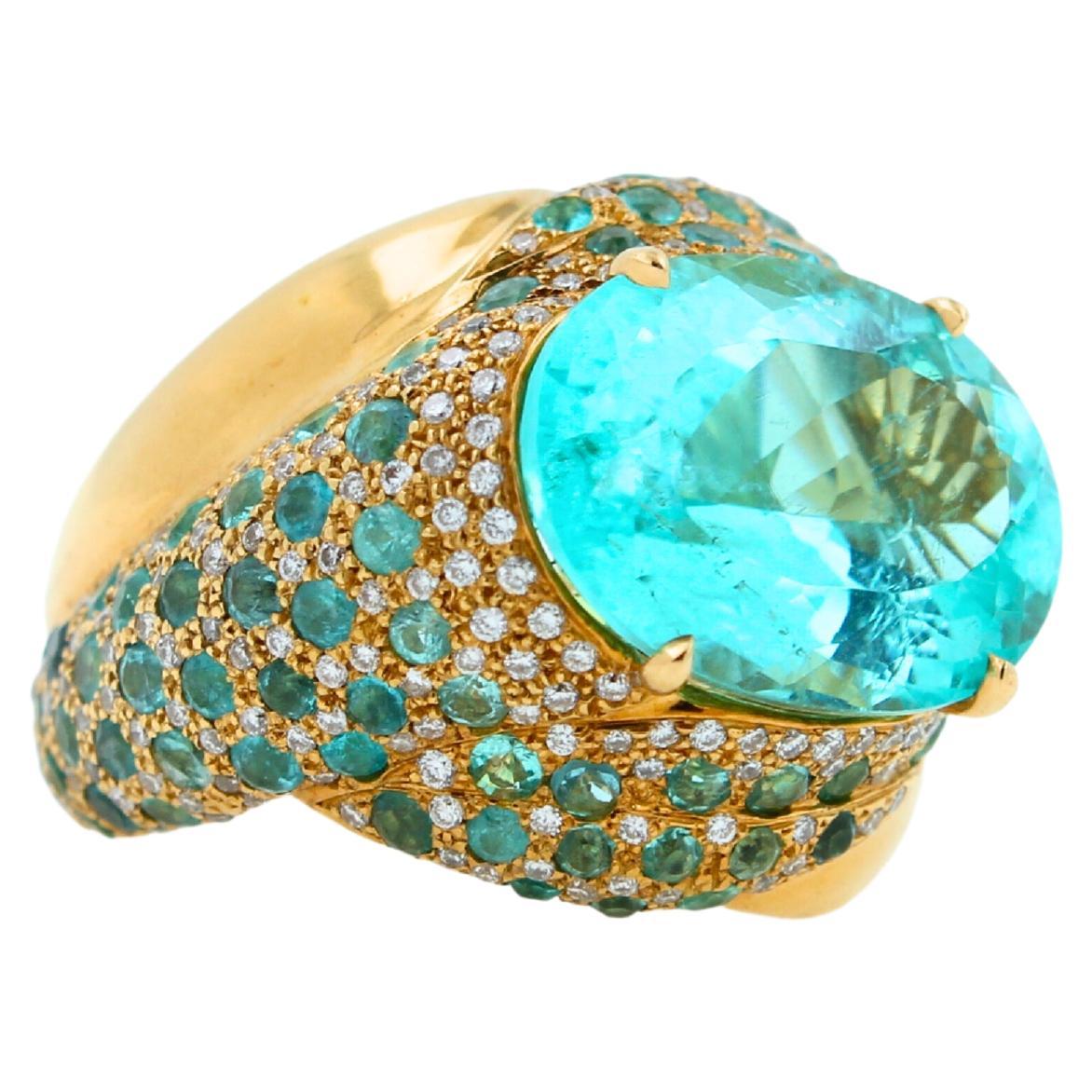 Aqua Teal Blue Oval Shape Paraiba Tourmaline Diamond Pave 18k Yellow Gold Ring For Sale 1