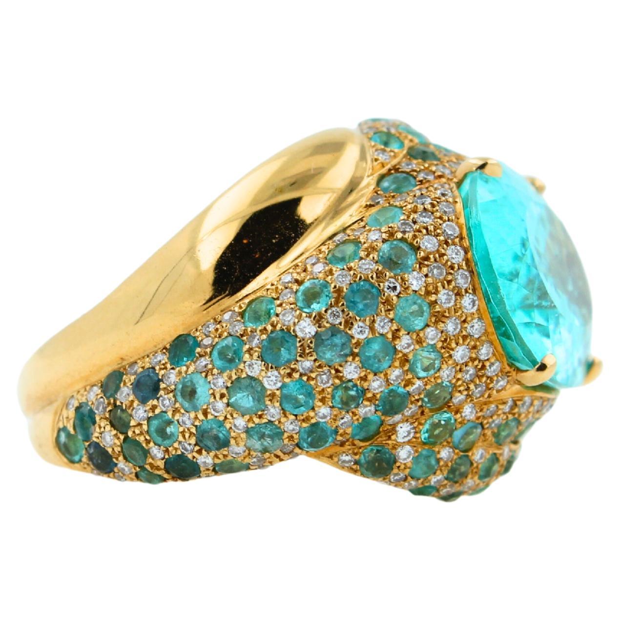 Aqua Teal Blue Oval Shape Paraiba Tourmaline Diamond Pave 18k Yellow Gold Ring For Sale 3