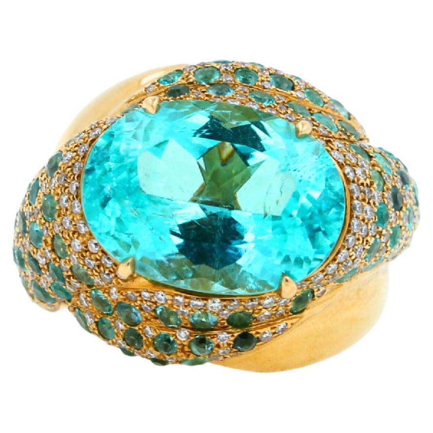 Aqua Teal Blue Oval Shape Paraiba Tourmaline Diamond Pave 18k Yellow Gold Ring For Sale