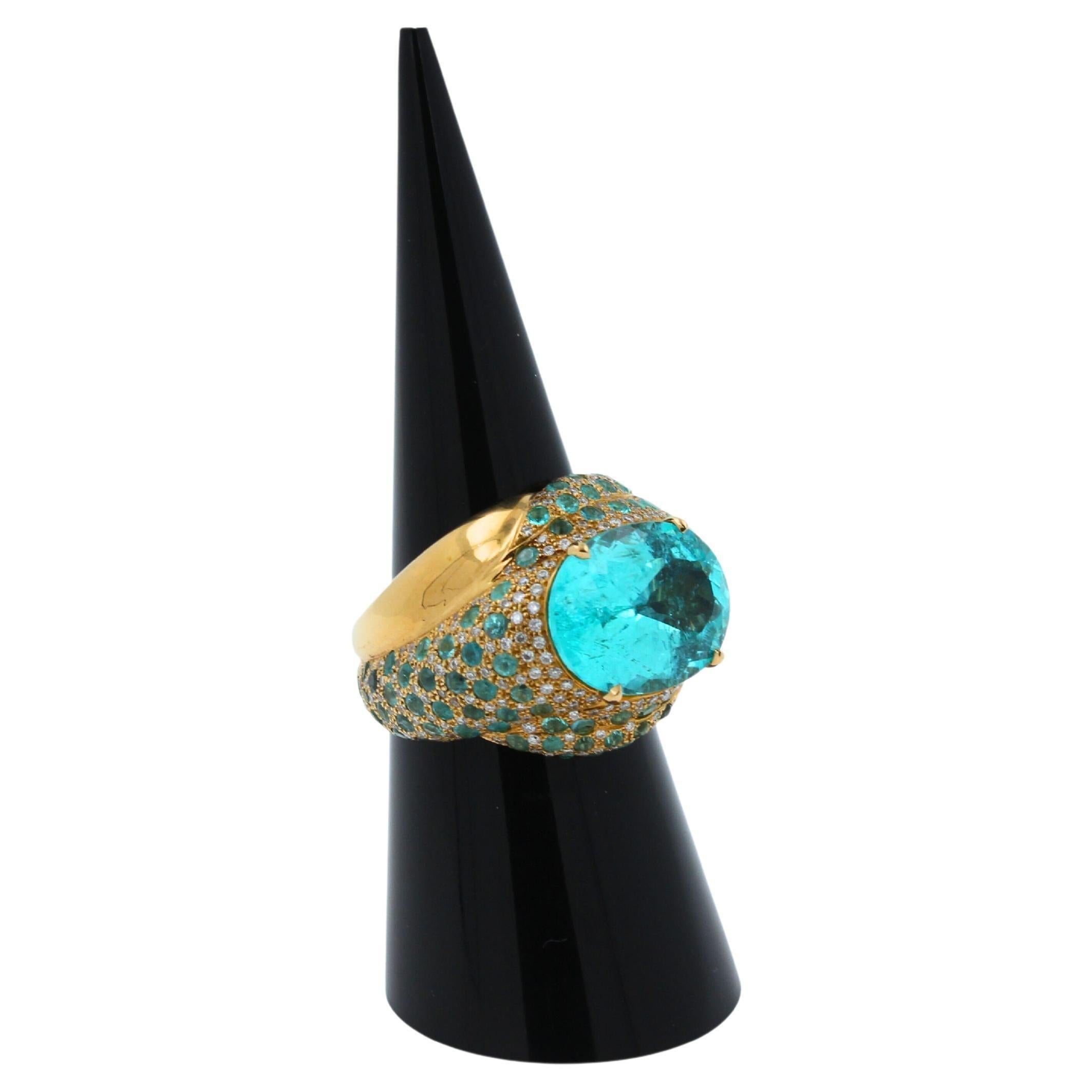 Aqua Teal Blue Oval Shape Paraiba Tourmaline Diamond Pave 18k Yellow Gold Ring For Sale 9