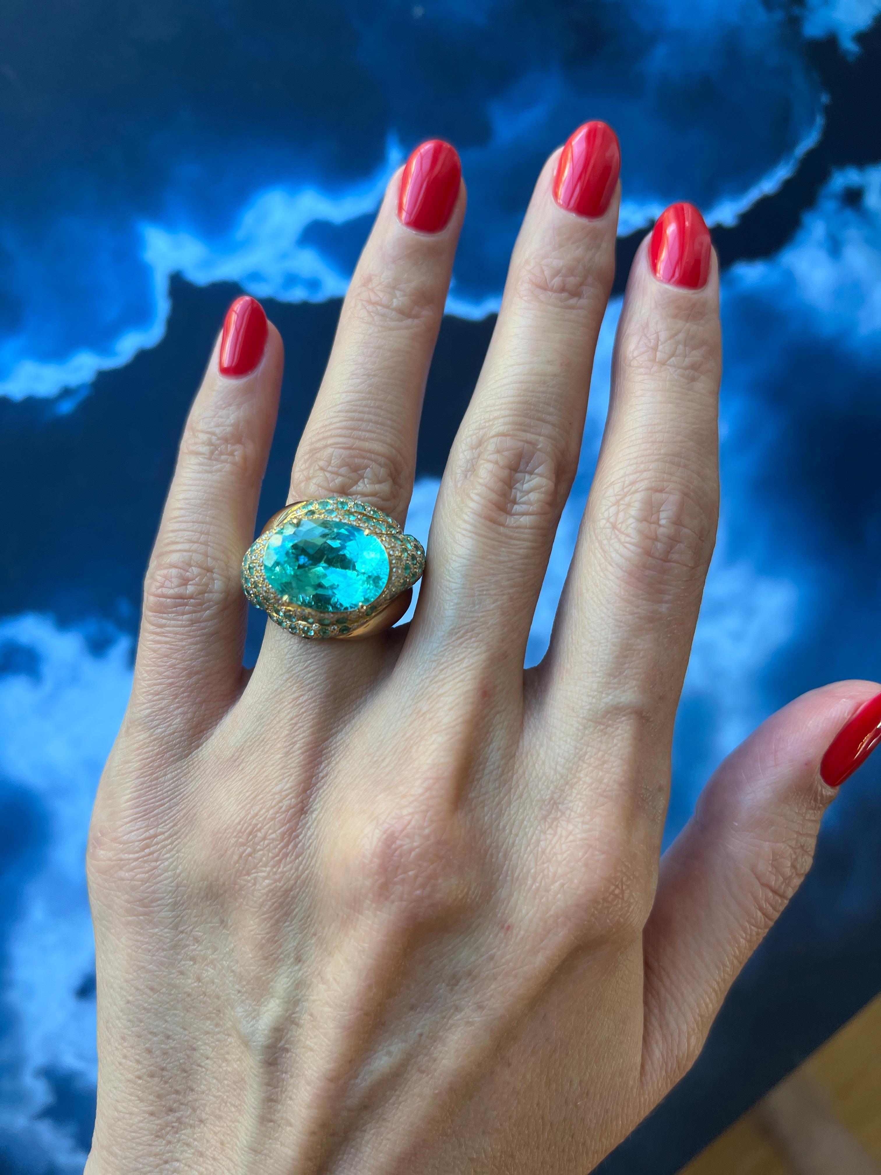 Aqua Teal Blue Oval Shape Paraiba Tourmaline Diamond Pave 18k Yellow Gold Ring For Sale 11