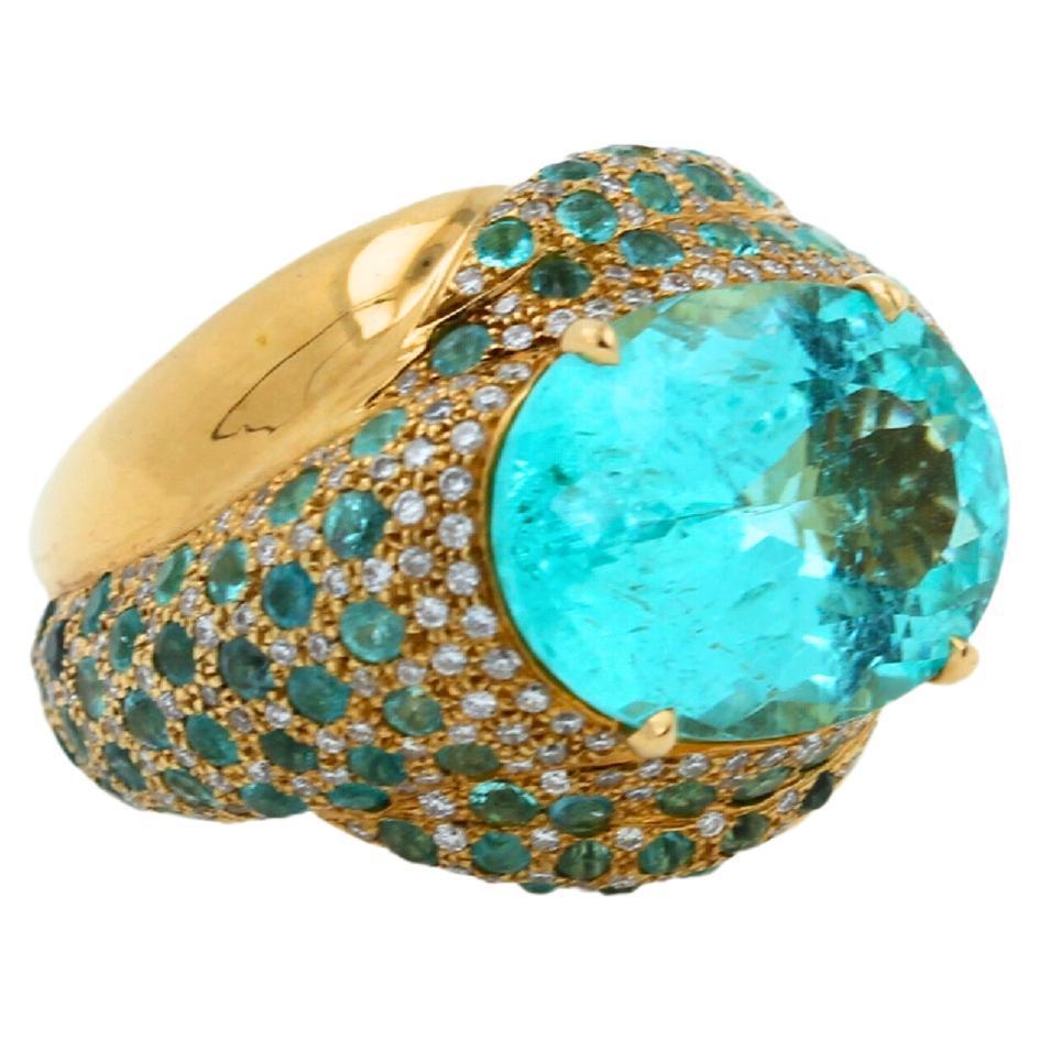 Women's Aqua Teal Blue Oval Shape Paraiba Tourmaline Diamond Pave 18k Yellow Gold Ring For Sale