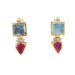 Aqua Tourmaline Diamond 14K Yellow Gold Earrings