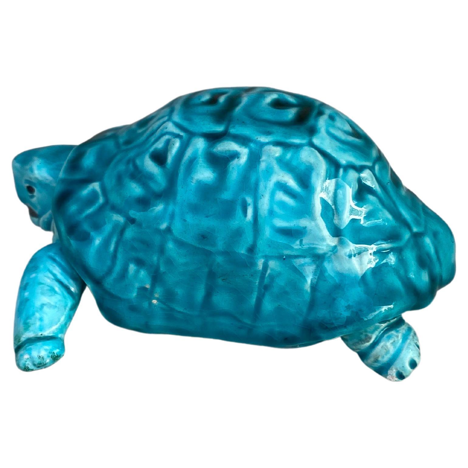 Aqua Turquoise Majolica Turtle Clement Massier, circa 1890.