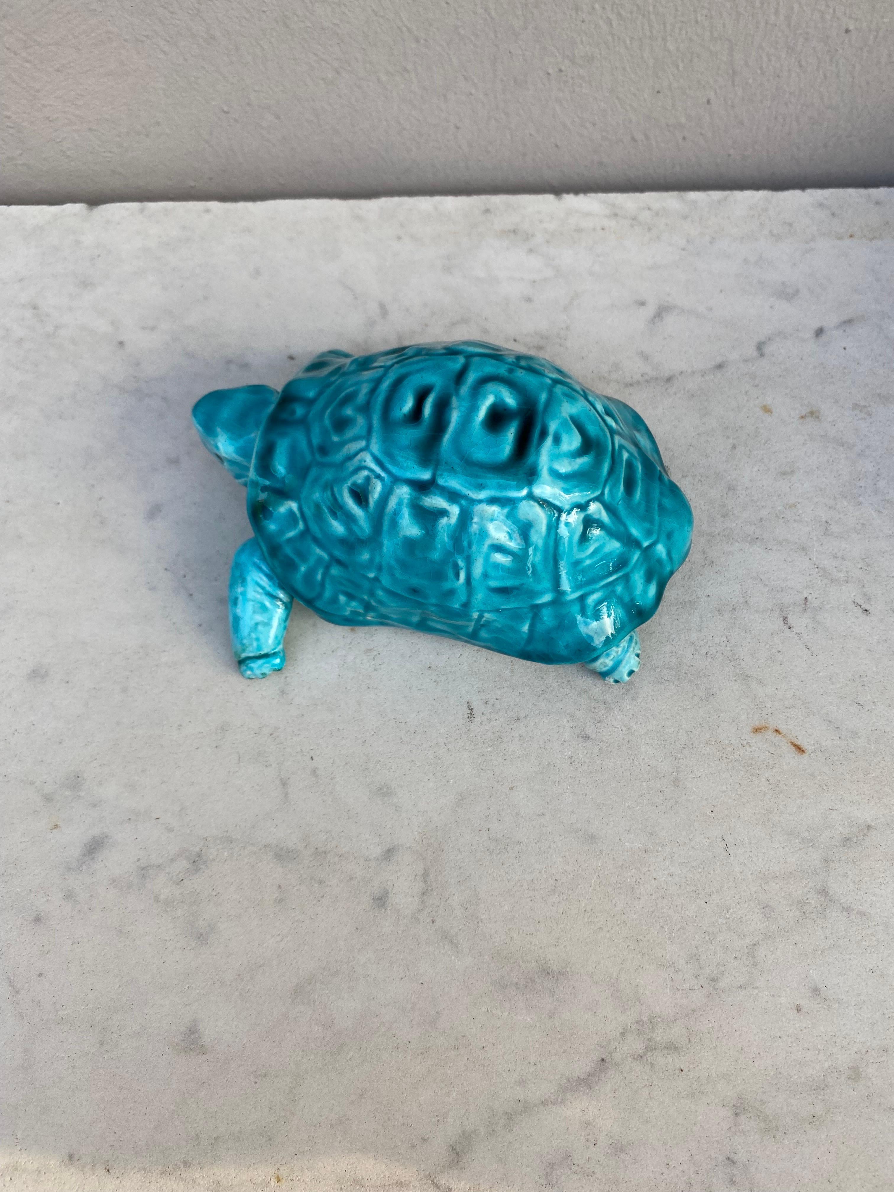 French Aqua Turquoise Majolica Turtle Clement Massier, circa 1890 For Sale