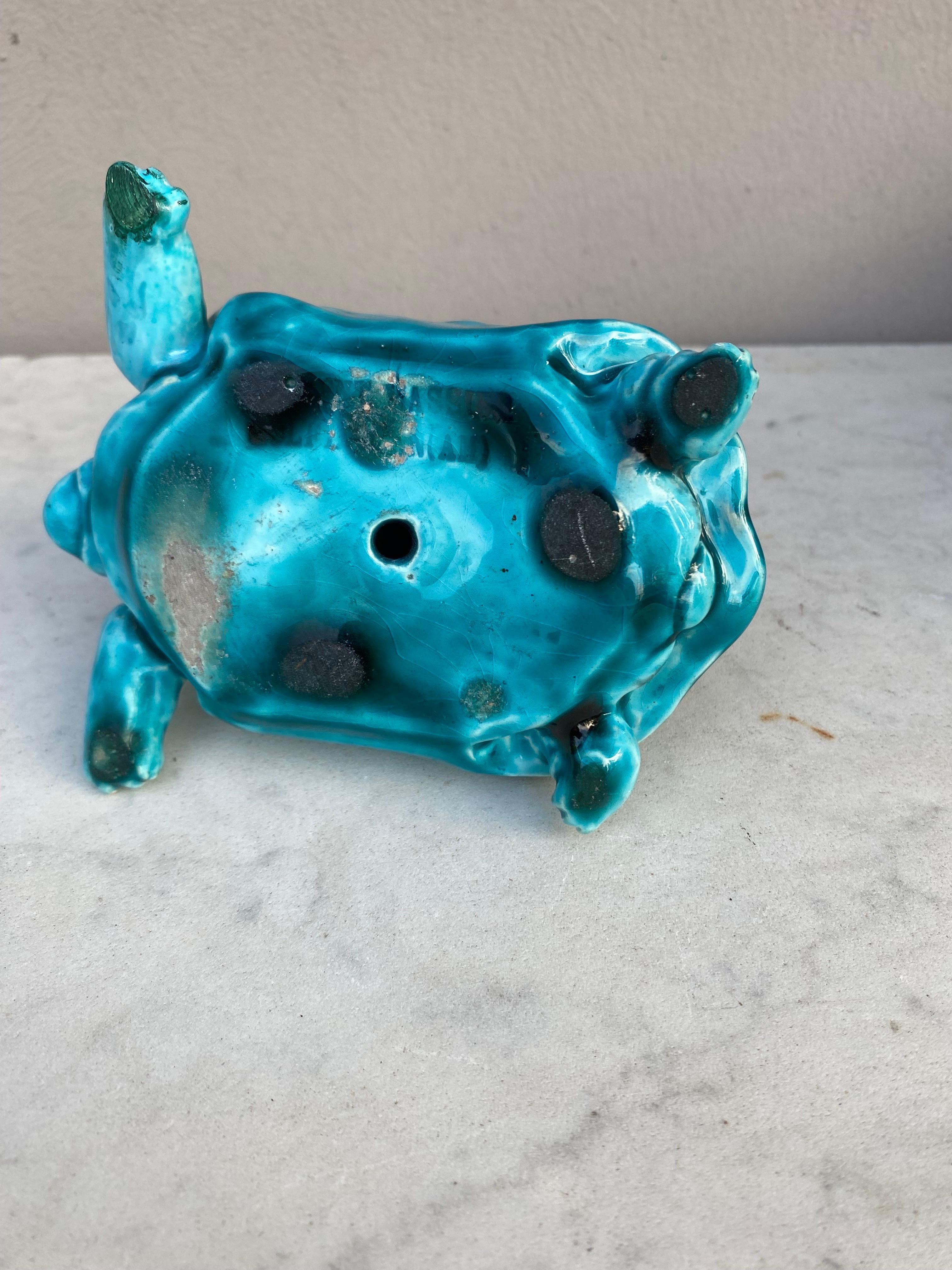 Aqua Turquoise Majolica Turtle Clement Massier, circa 1890 In Good Condition For Sale In Austin, TX