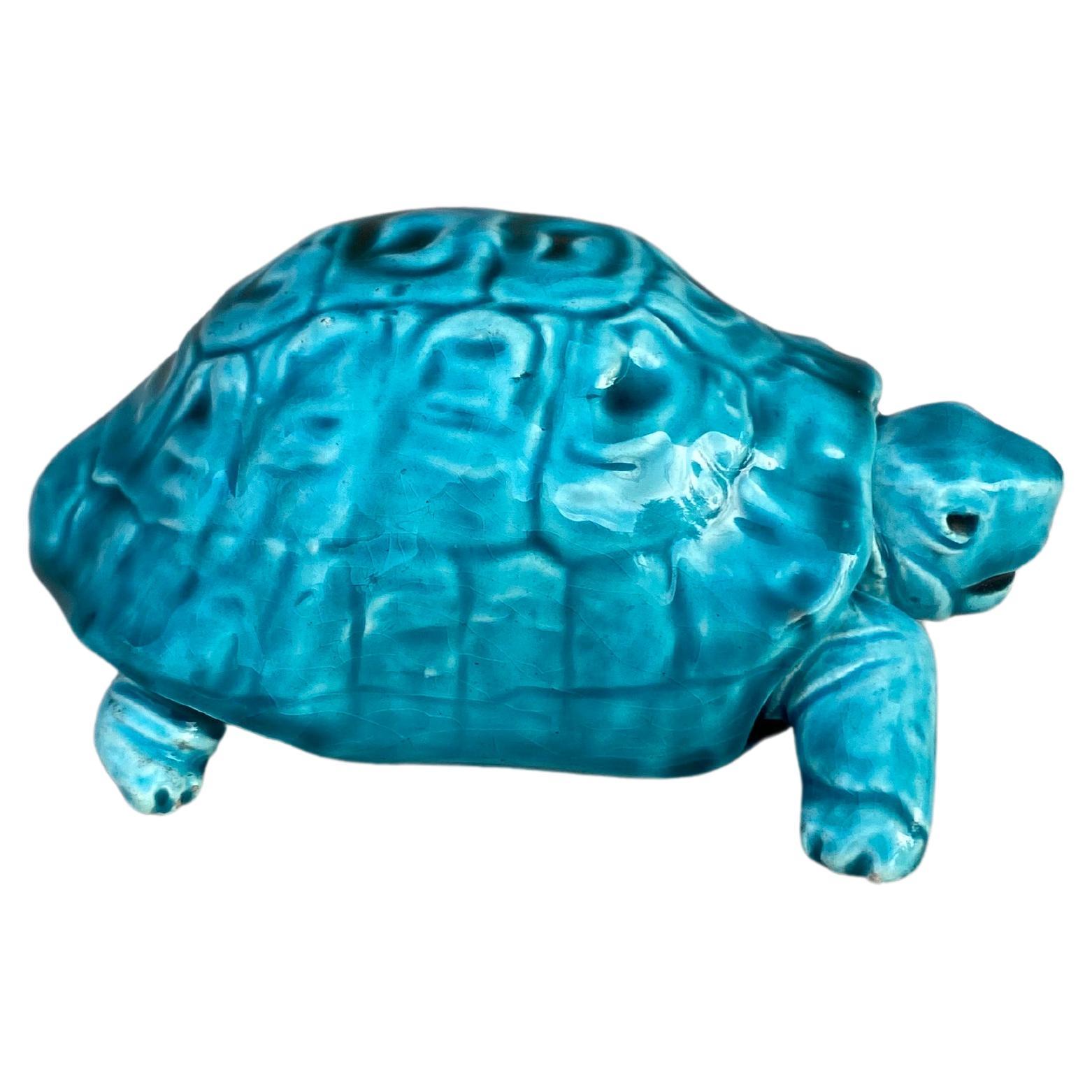 Aqua Turquoise Majolica Turtle Clement Massier, circa 1890 For Sale