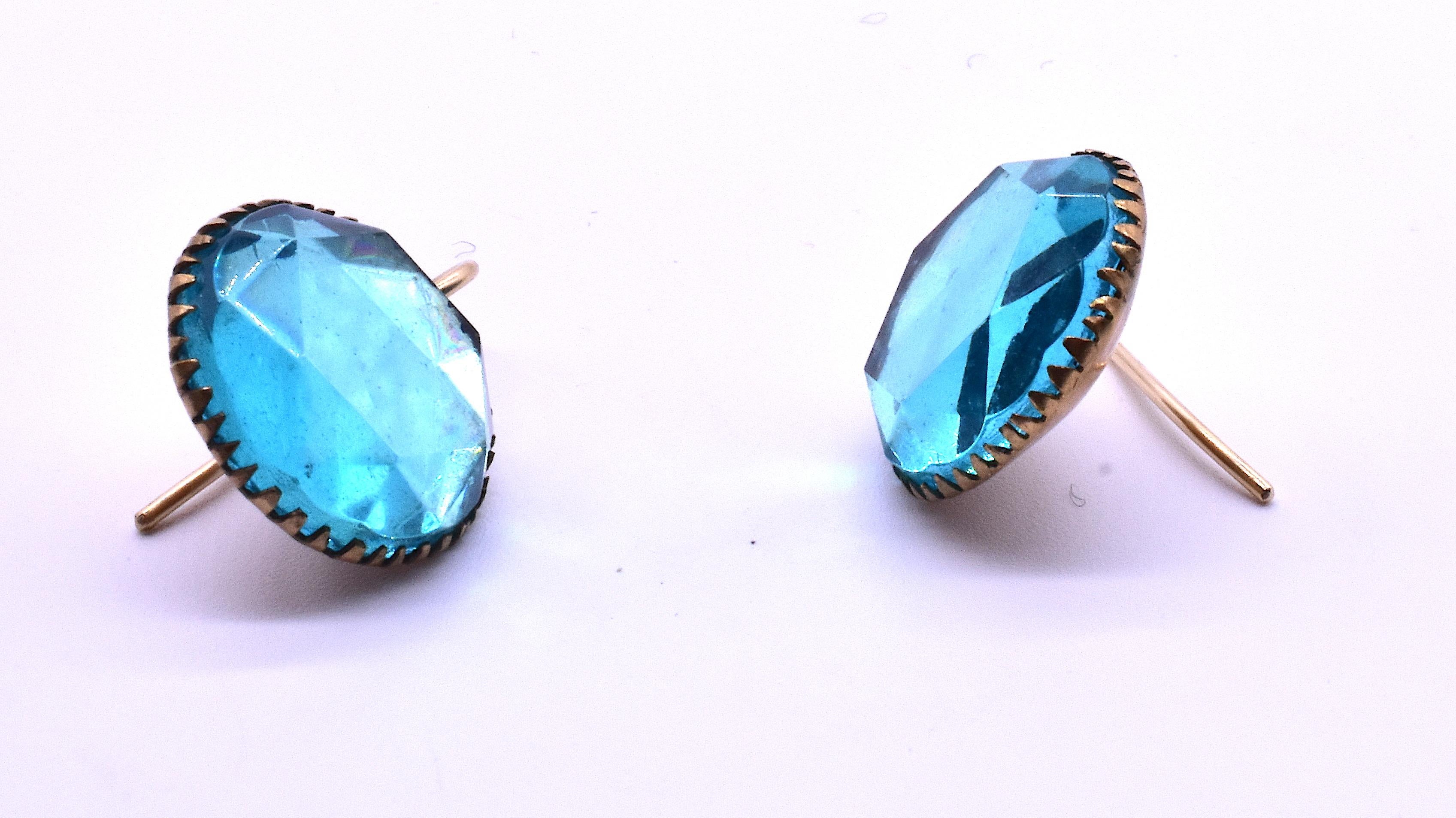 Lovely pair of Vauxhall glass aqua colored glass earrings set on metal. The Vauxhall glass Company manufactured mirror glass in the 19th century and in a burst of innovation one can only behold with astonishment today, they employed jewelry artisans