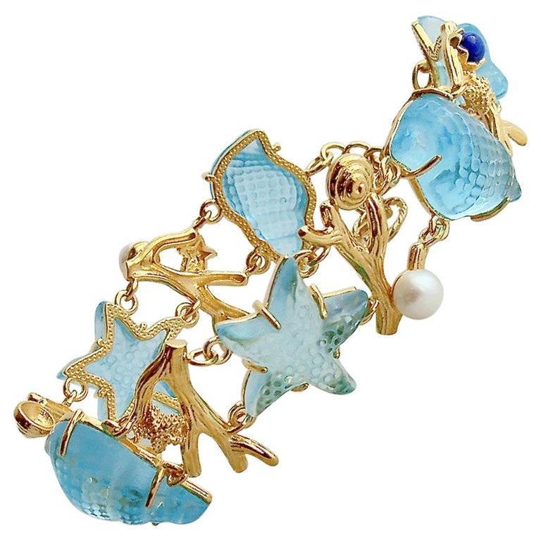 Aqua Venetian Glass Shells Starfish Lapis and Pearls Bracelet, Meribella  Bracelet at 1stDibs