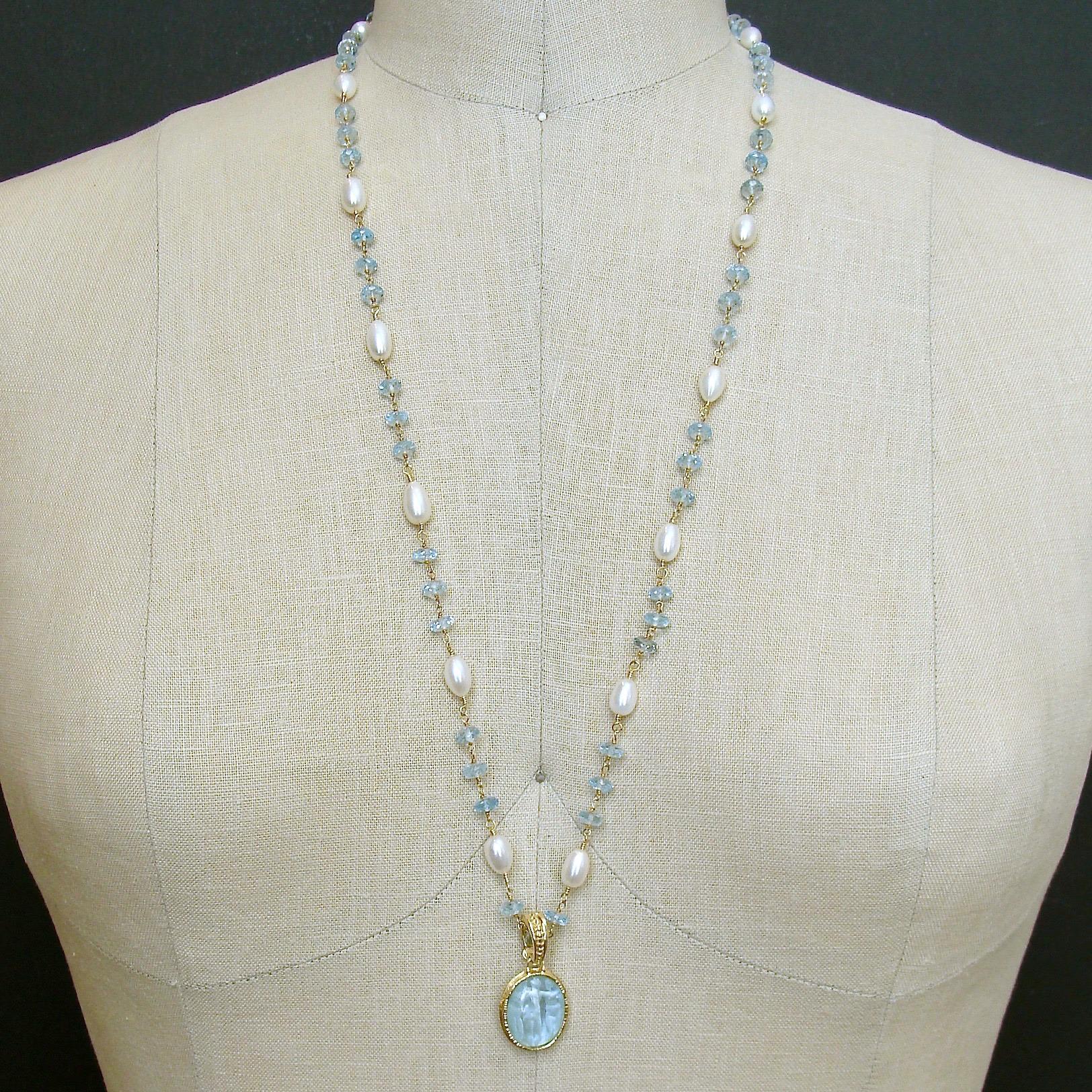 Aqua Venetian Intaglio Blue Topaz Freshwater Pearl Necklace, Matera II Necklace In New Condition In Colleyville, TX