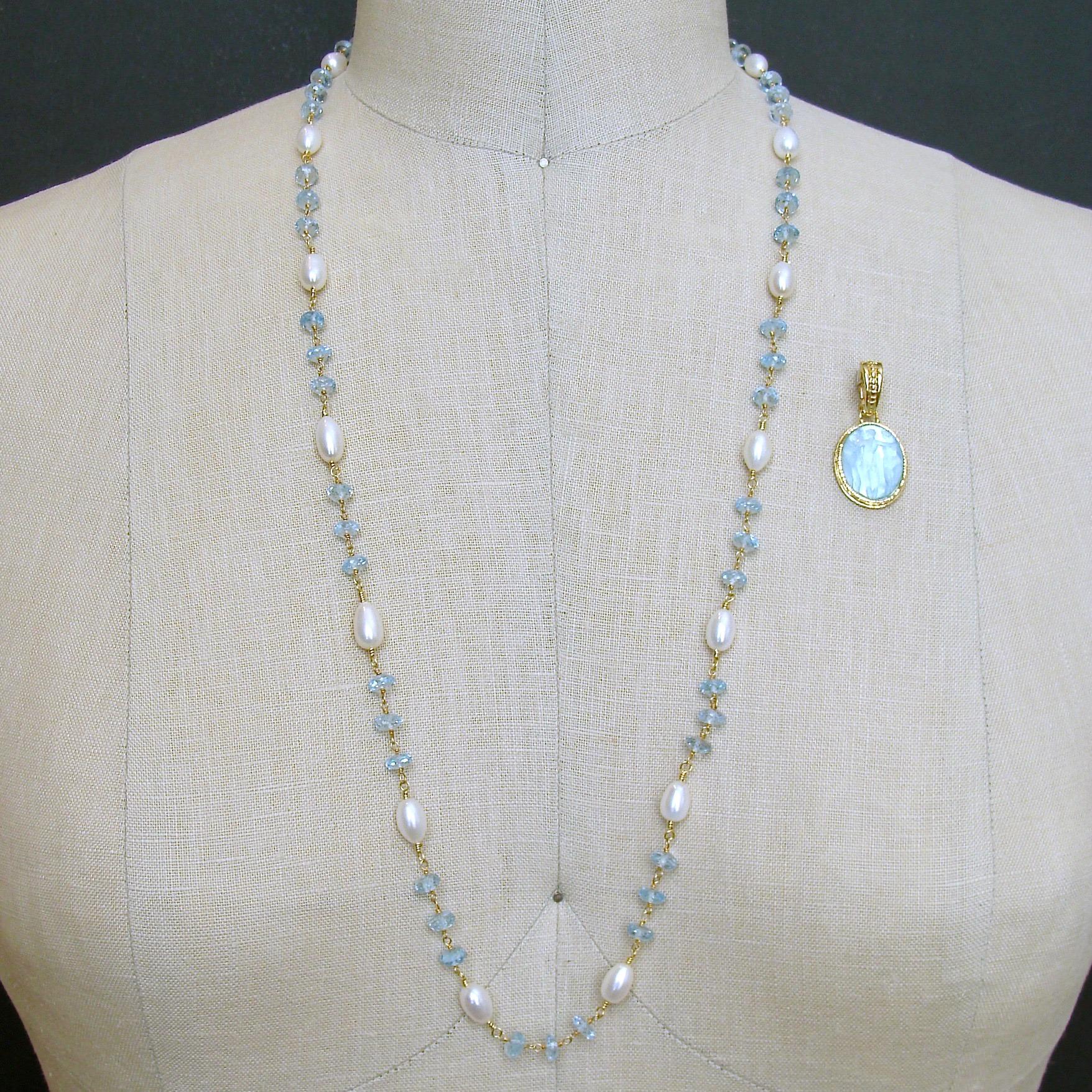 Women's Aqua Venetian Intaglio Blue Topaz Freshwater Pearl Necklace, Matera II Necklace