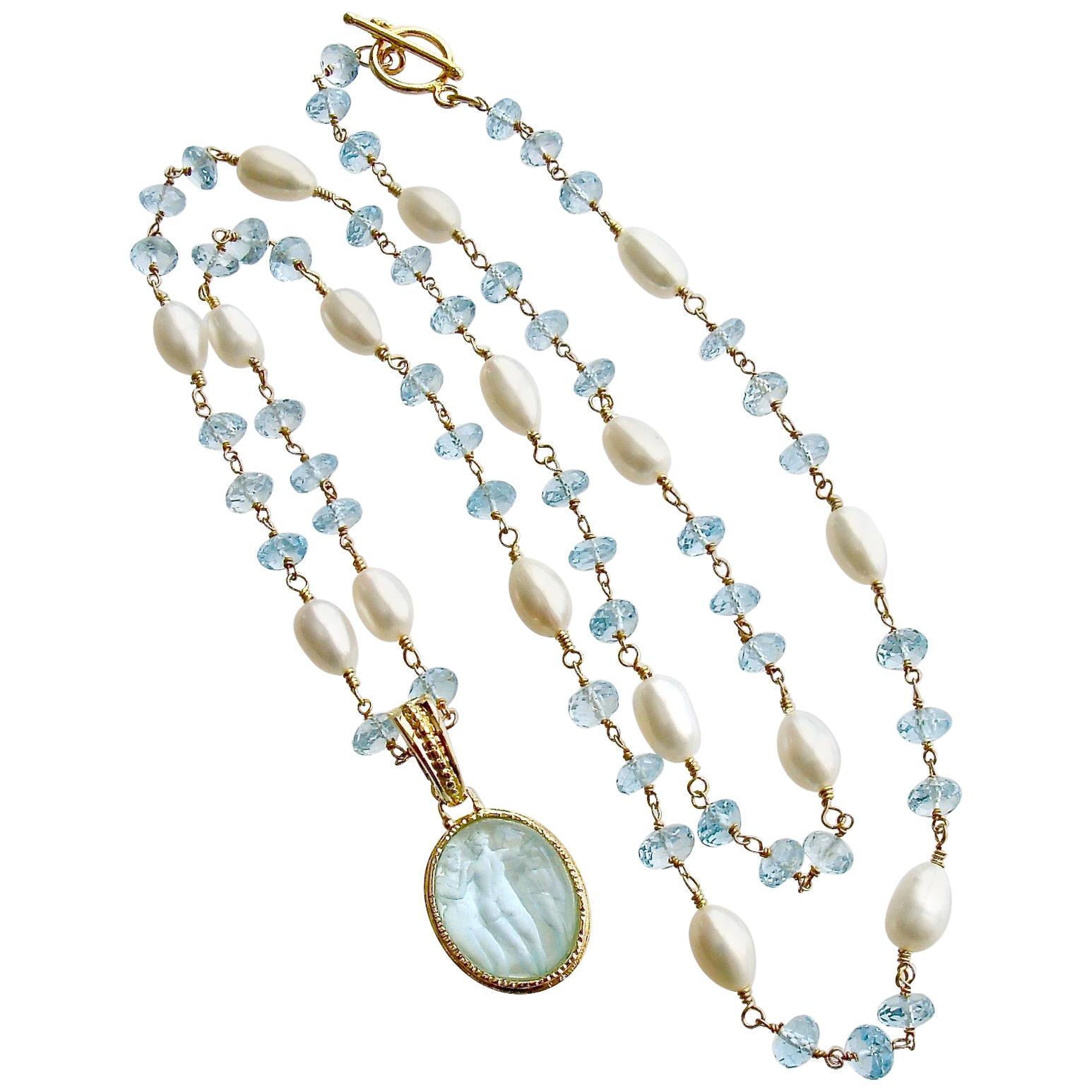 Aqua Venetian Intaglio Blue Topaz Freshwater Pearl Necklace, Matera II Necklace