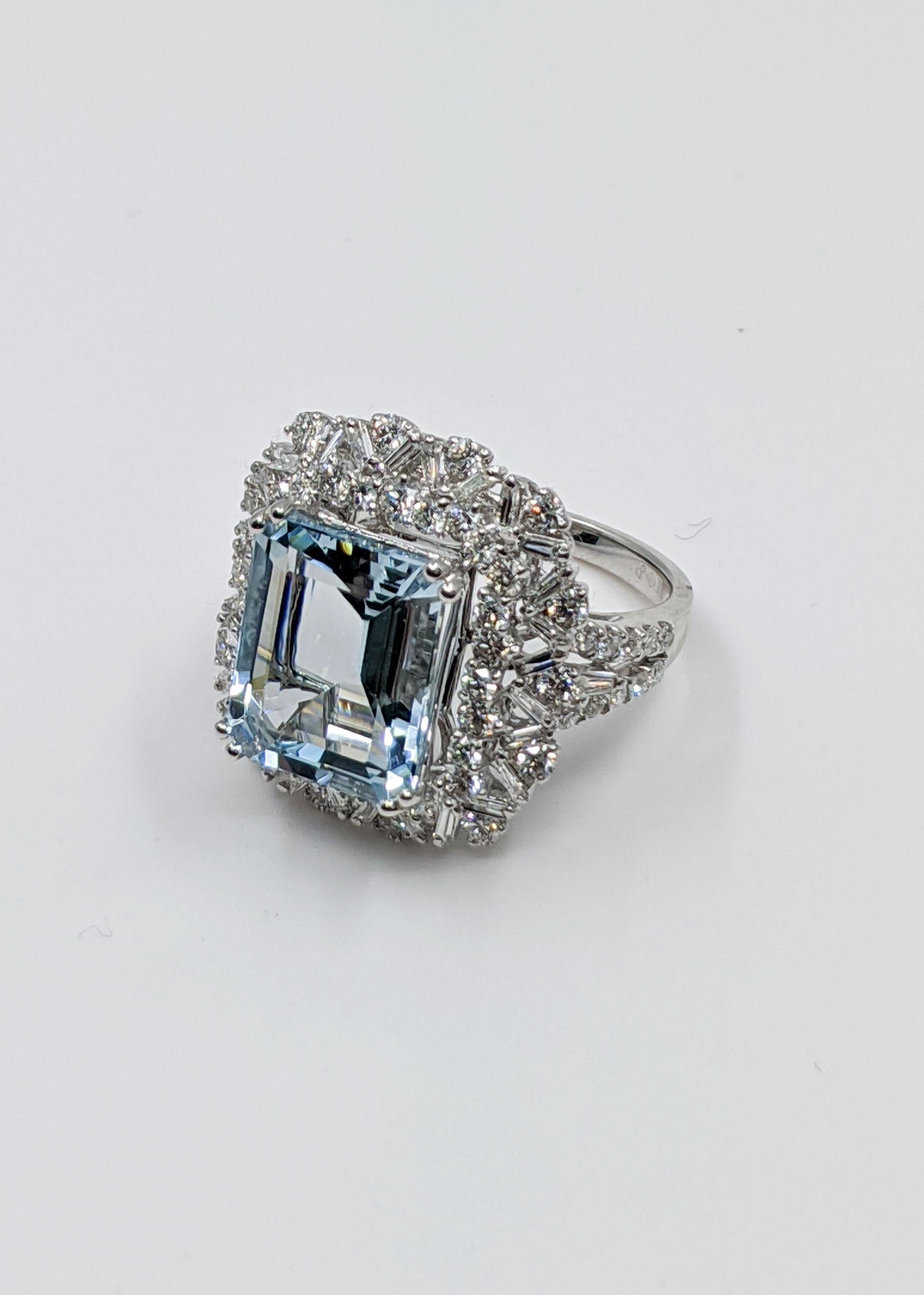 Emerald Cut Aqua and White Diamond Fancy Ring 18 Karat