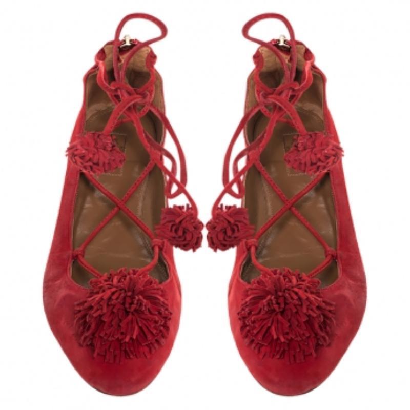 Marrone Aquaazzura Red Suede Leather Fringe Tassel Ankle Wrap Ballet Flats Size 40.5 in vendita
