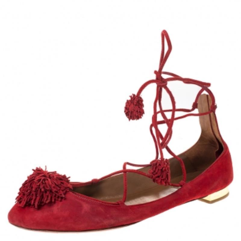 Aquaazzura Red Suede Leather Fringe Tassel Ankle Wrap Ballet Flats Size 40.5 In condizioni buone in vendita a Dubai, Al Qouz 2