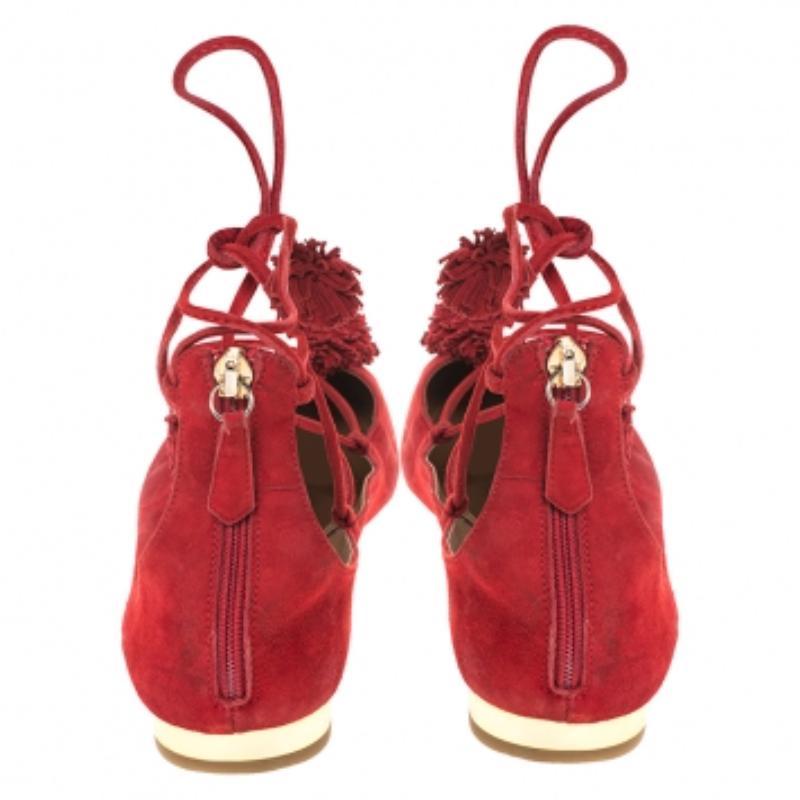 Aquaazzura Red Suede Leather Fringe Tassel Ankle Wrap Ballet Flats Size 40.5 in vendita 1
