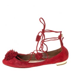 Aquaazzura Red Suede Leather Fringe Tassel Ankle Wrap Ballet Flats Size 40.5
