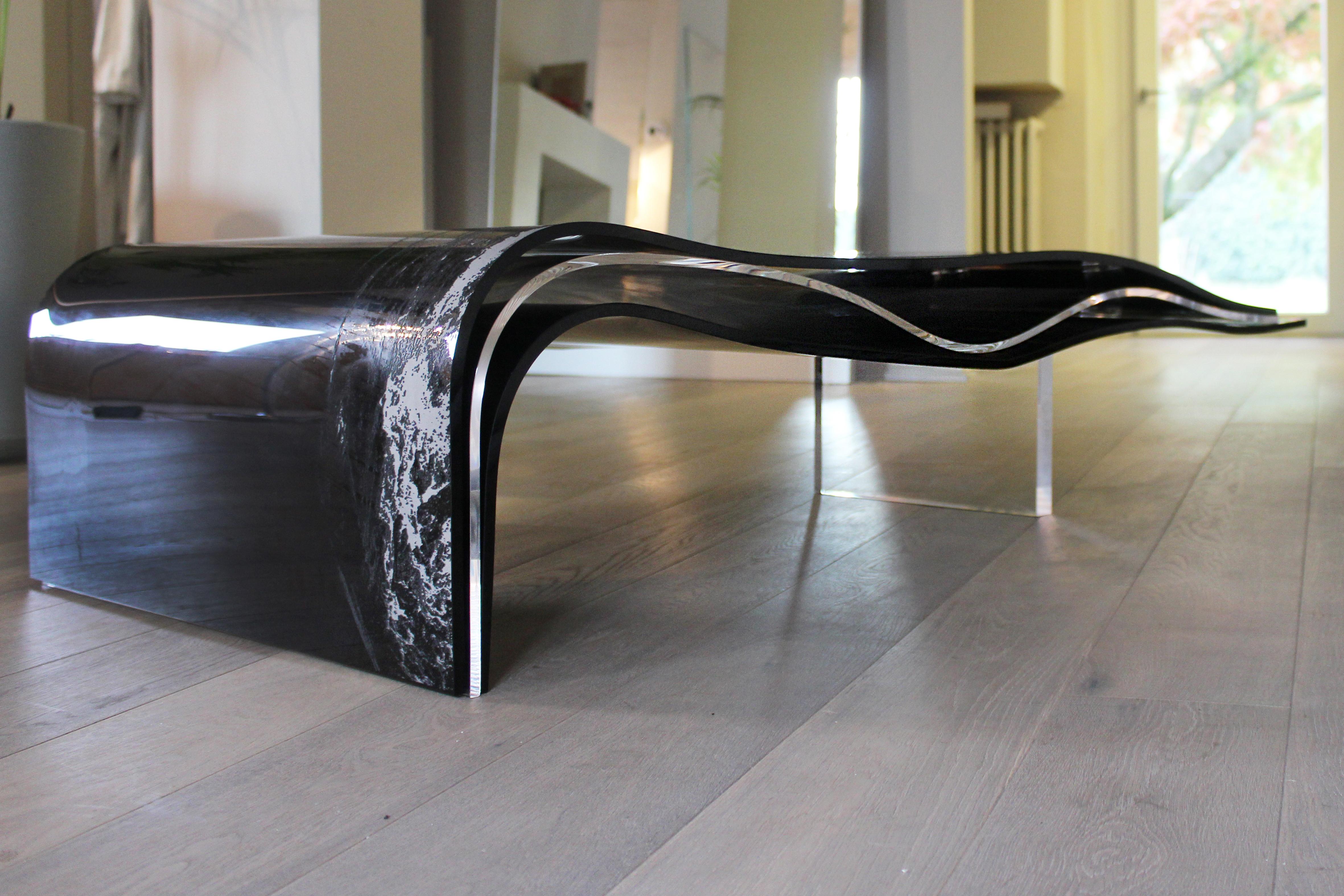 Italian Aquae Black Wave, Coffee Table, Molded Plexiglass Lasercut Engraved For Sale
