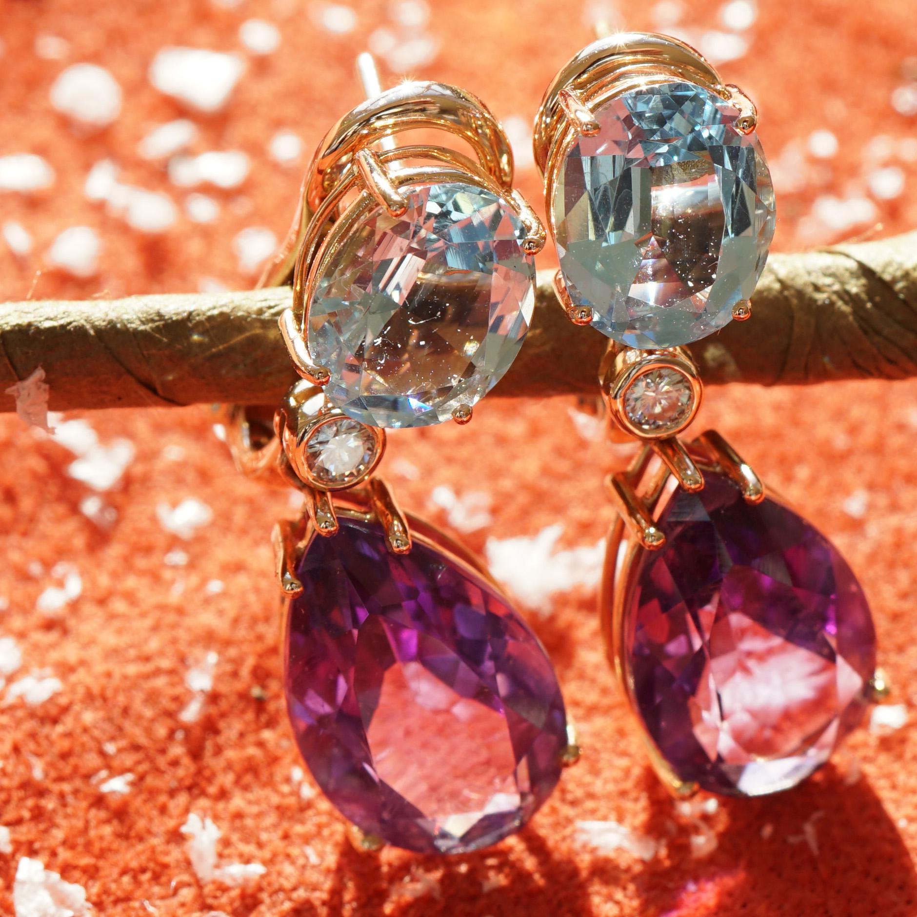 Moderne Boucles d'oreilles en aigue-marine, améthyste, diamant et or rose 18 carats de grande qualité provenant de Madagascar en vente