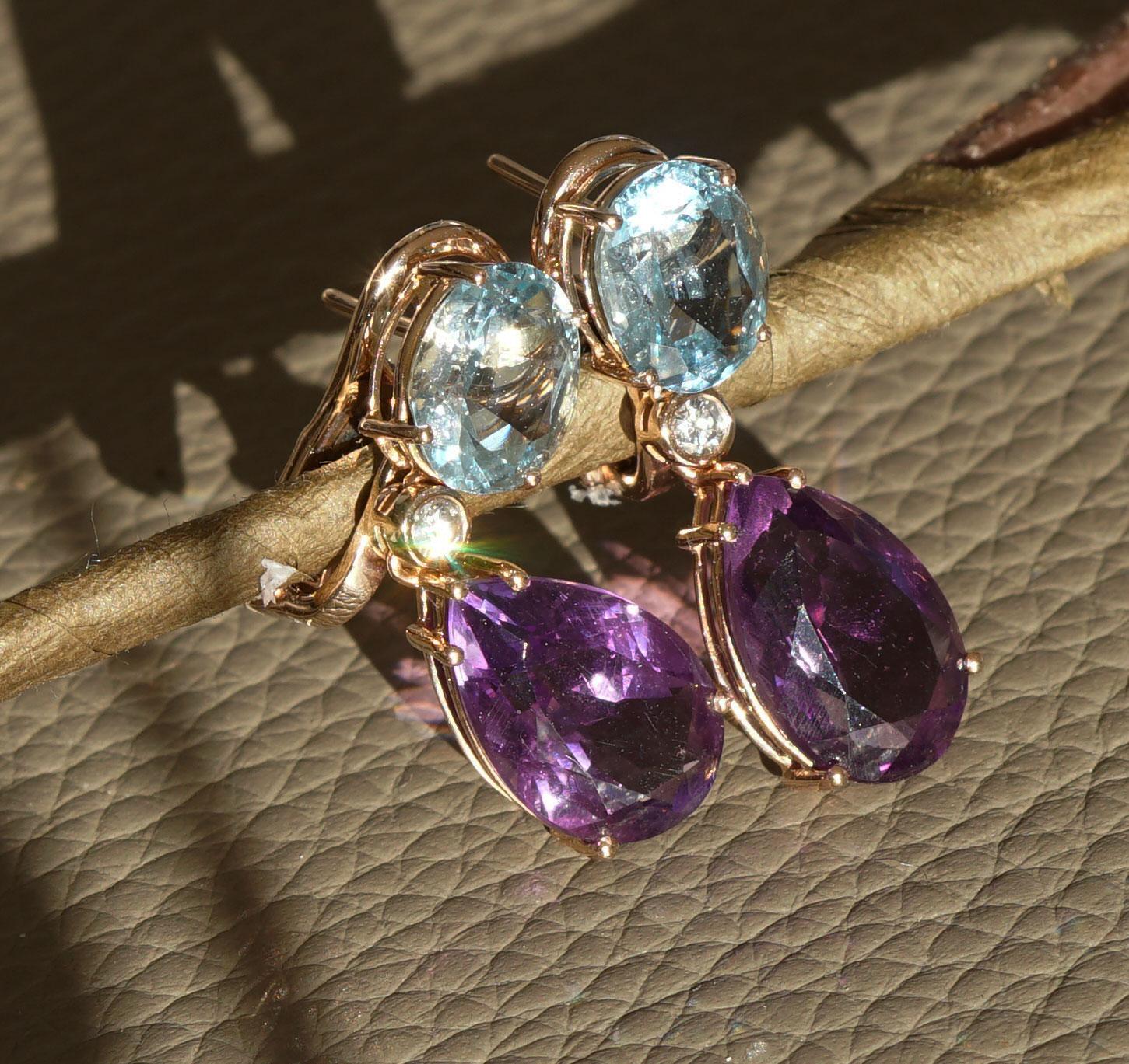 Oval Cut Aquamarin Amethyst Diamond Earrings 18kt Rosegold Great Quality from Madagascar For Sale