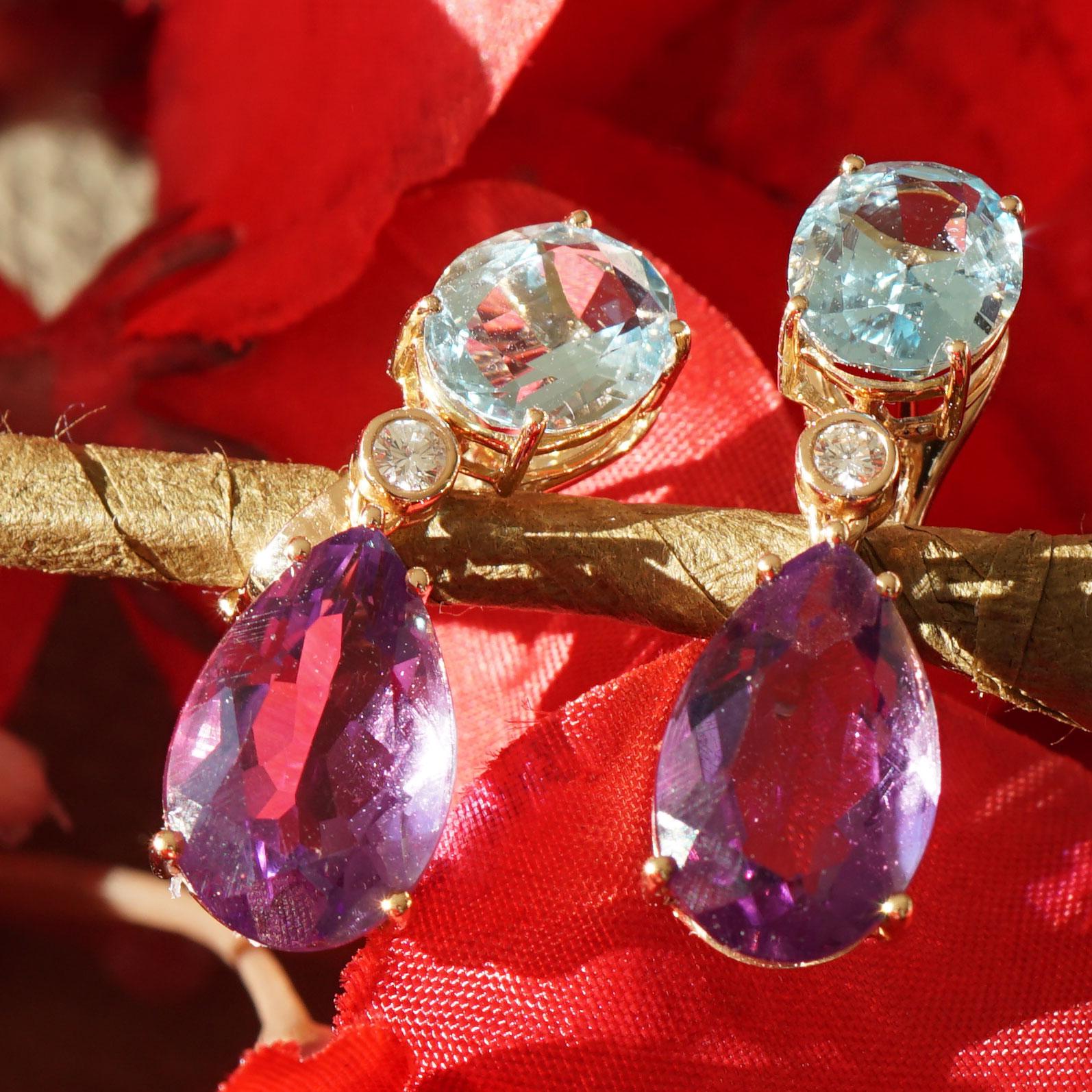Aquamarin Amethyst Diamond Earrings 18kt Rosegold Great Quality from Madagascar In New Condition For Sale In Viena, Viena